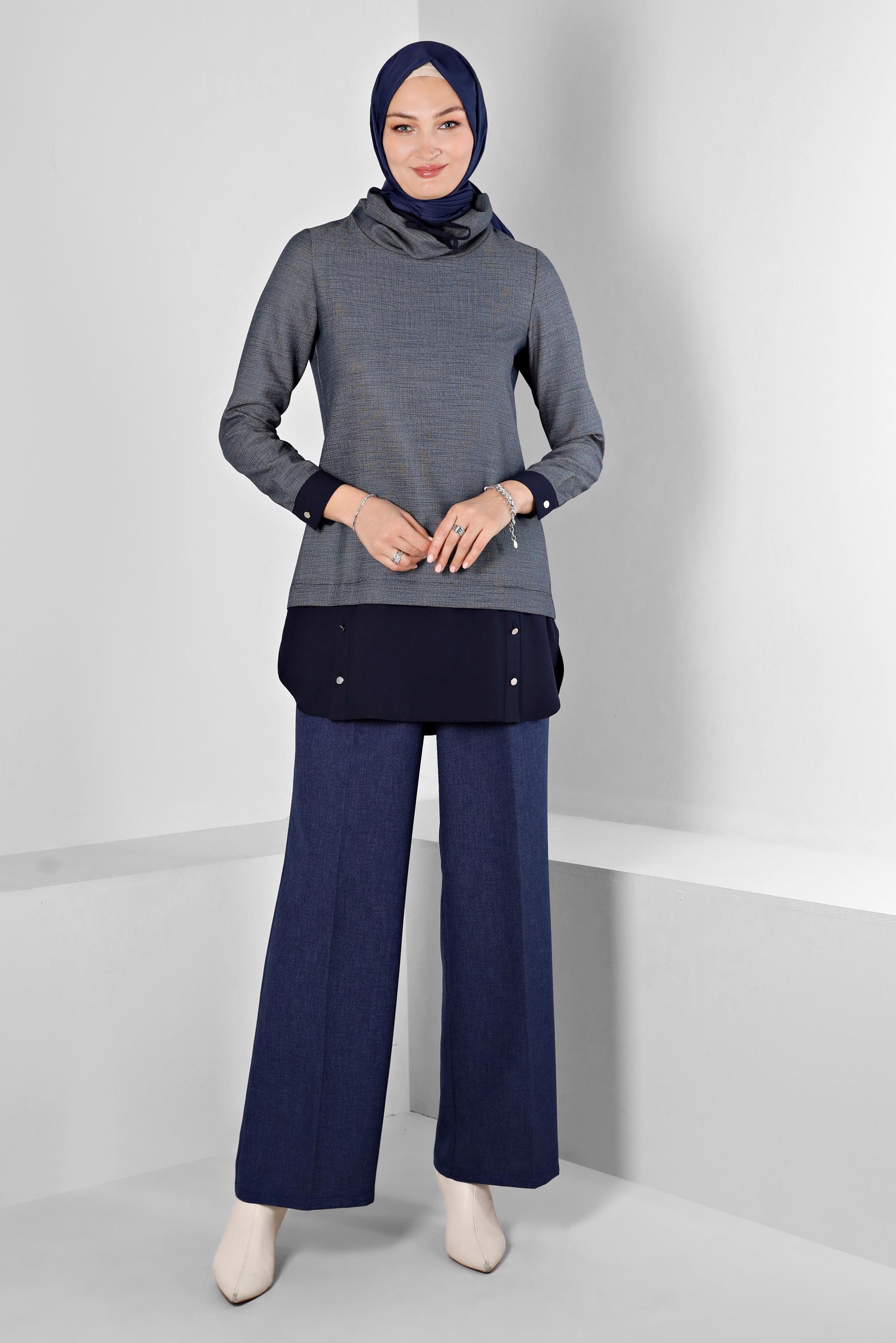 Tesettür giyim LACİVERT YAKASI BAĞCIKLI DÜĞMELİ TUNİK 43427 