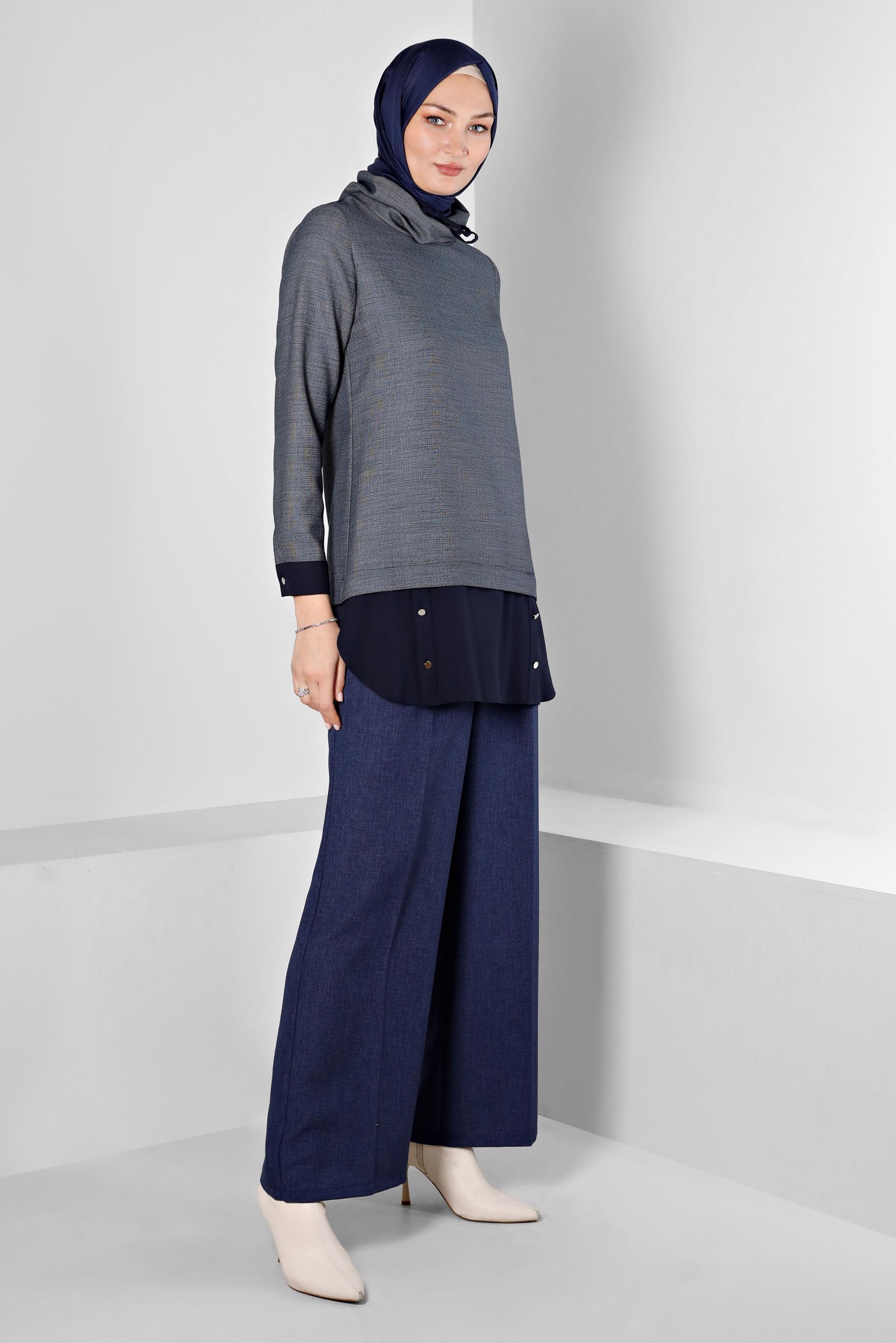 Tesettür giyim LACİVERT YAKASI BAĞCIKLI DÜĞMELİ TUNİK 43427 