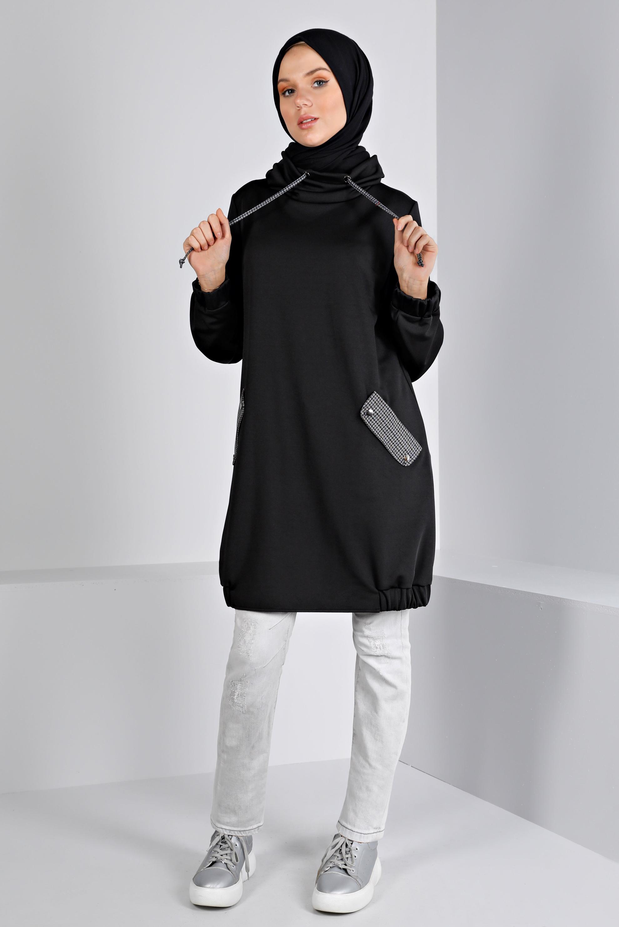 Tesettür giyim SİYAH KAZAYAĞI DETAYLI BAĞCIKLI TUNİK 43428