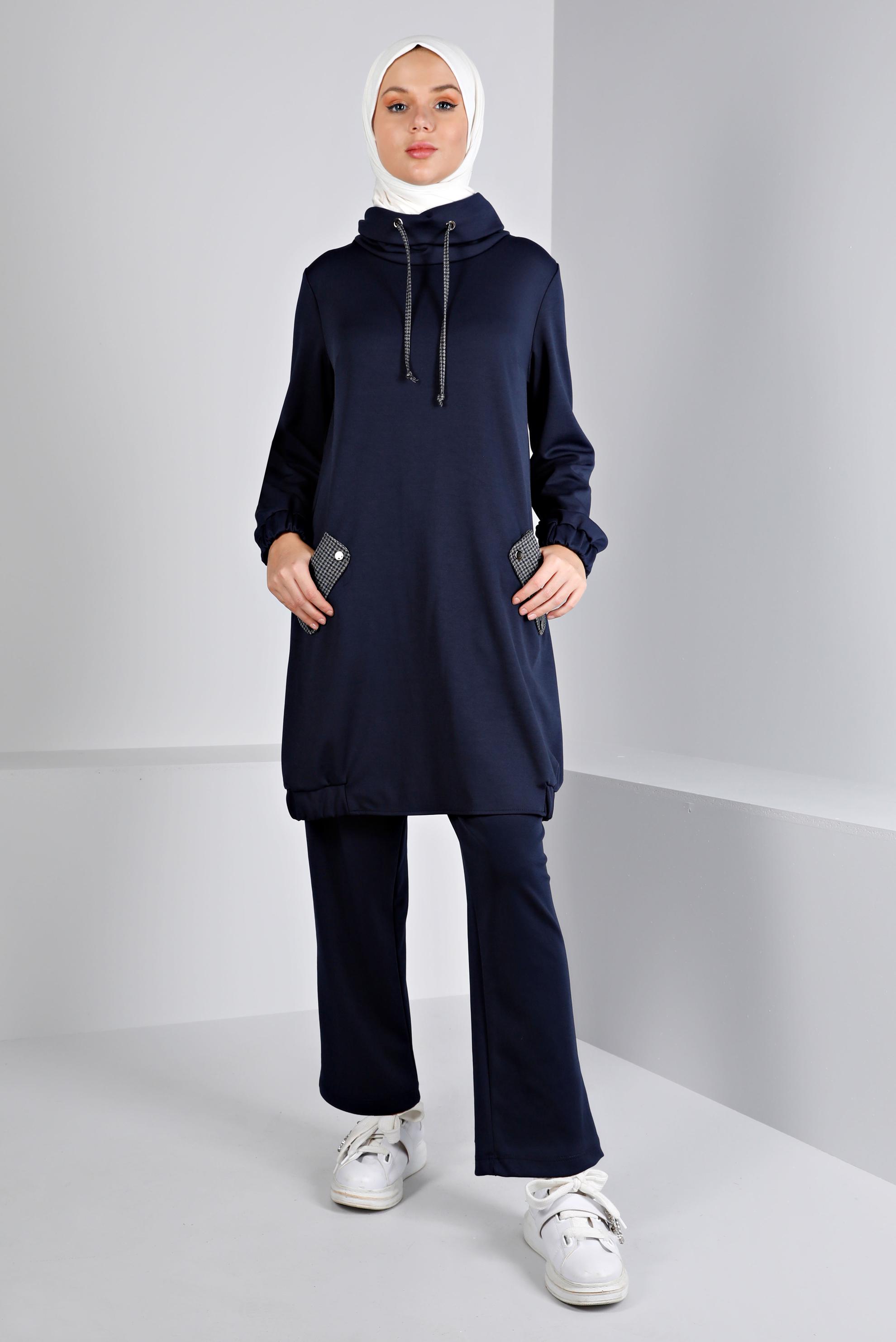 Tesettür giyim LACİVERT KAZAYAĞI DETAYLI BAĞCIKLI TUNİK 43428