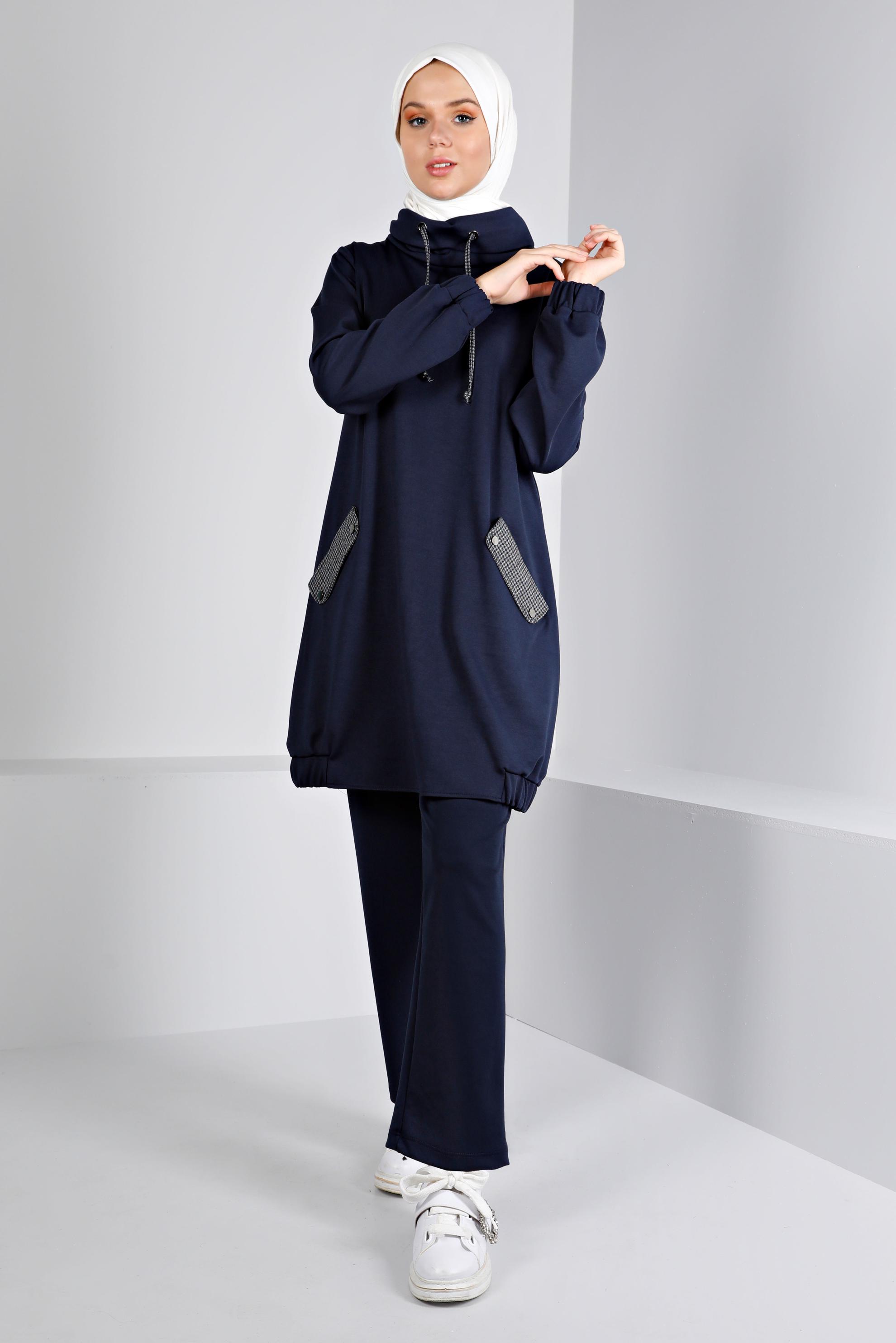 Tesettür giyim LACİVERT KAZAYAĞI DETAYLI BAĞCIKLI TUNİK 43428