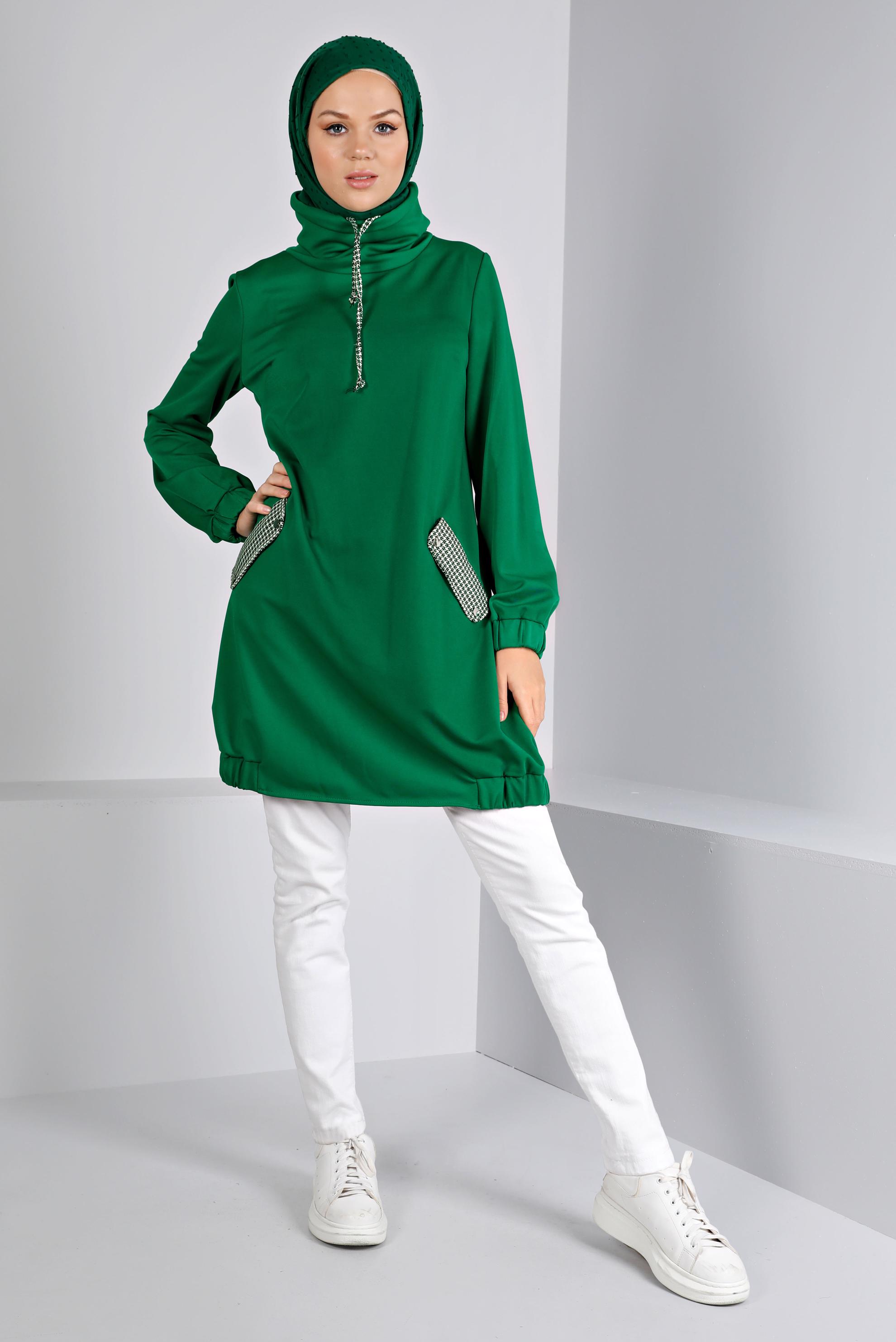 Tesettür giyim YEŞİL KAZAYAĞI DETAYLI BAĞCIKLI TUNİK 43428