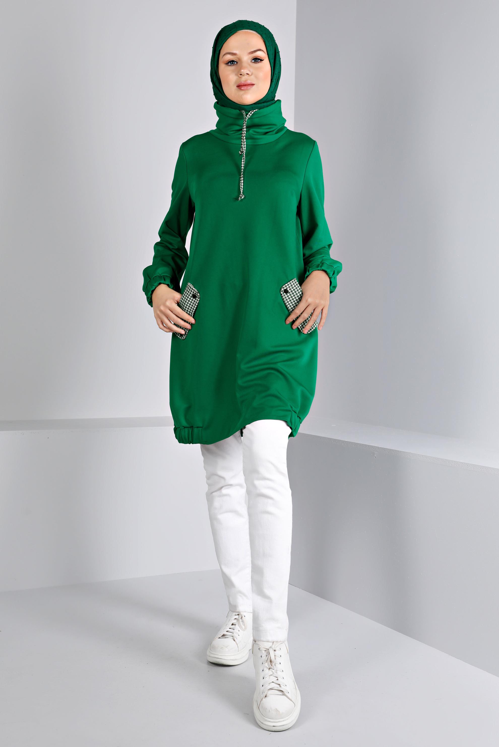 Tesettür giyim YEŞİL KAZAYAĞI DETAYLI BAĞCIKLI TUNİK 43428
