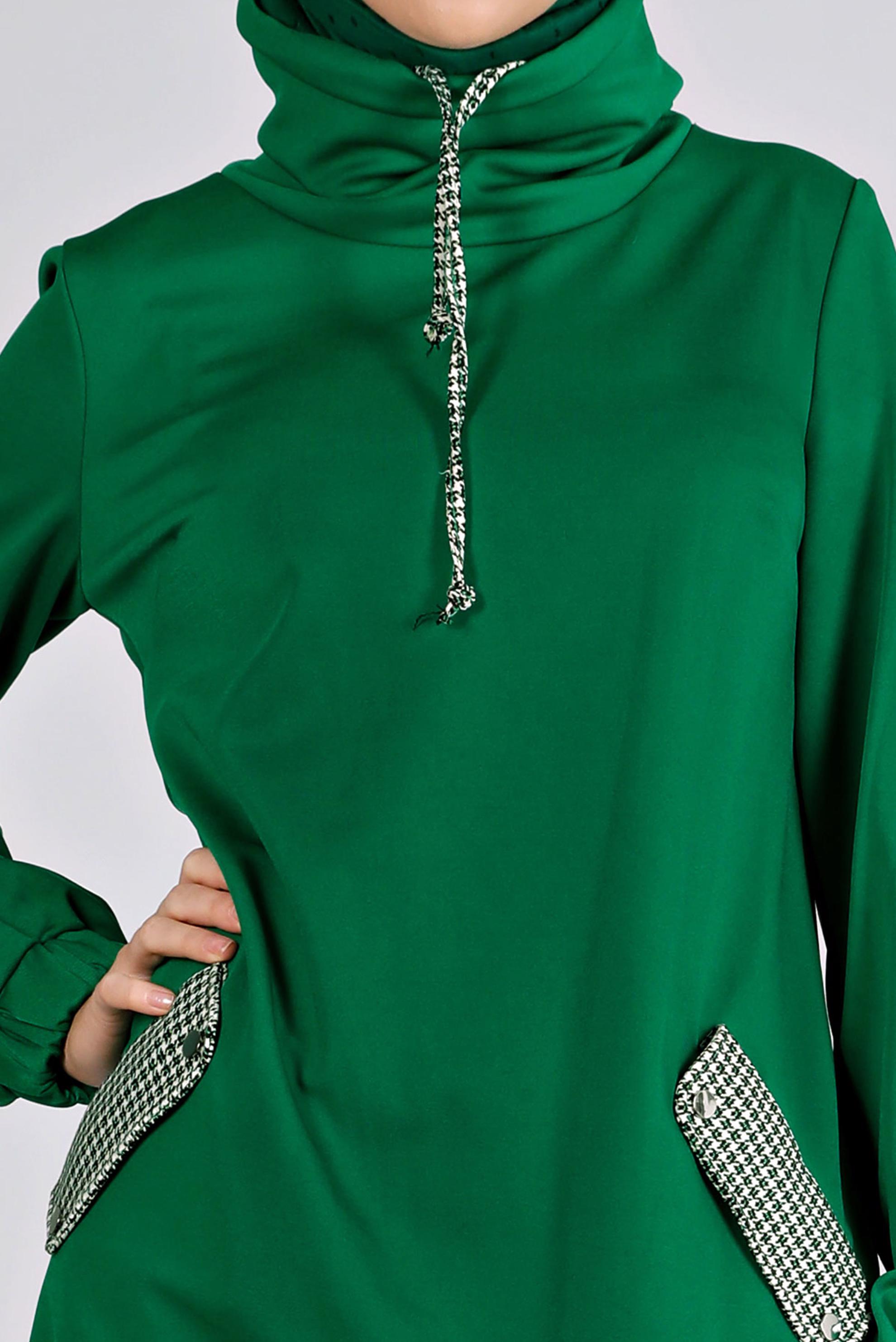 Tesettür giyim YEŞİL KAZAYAĞI DETAYLI BAĞCIKLI TUNİK 43428