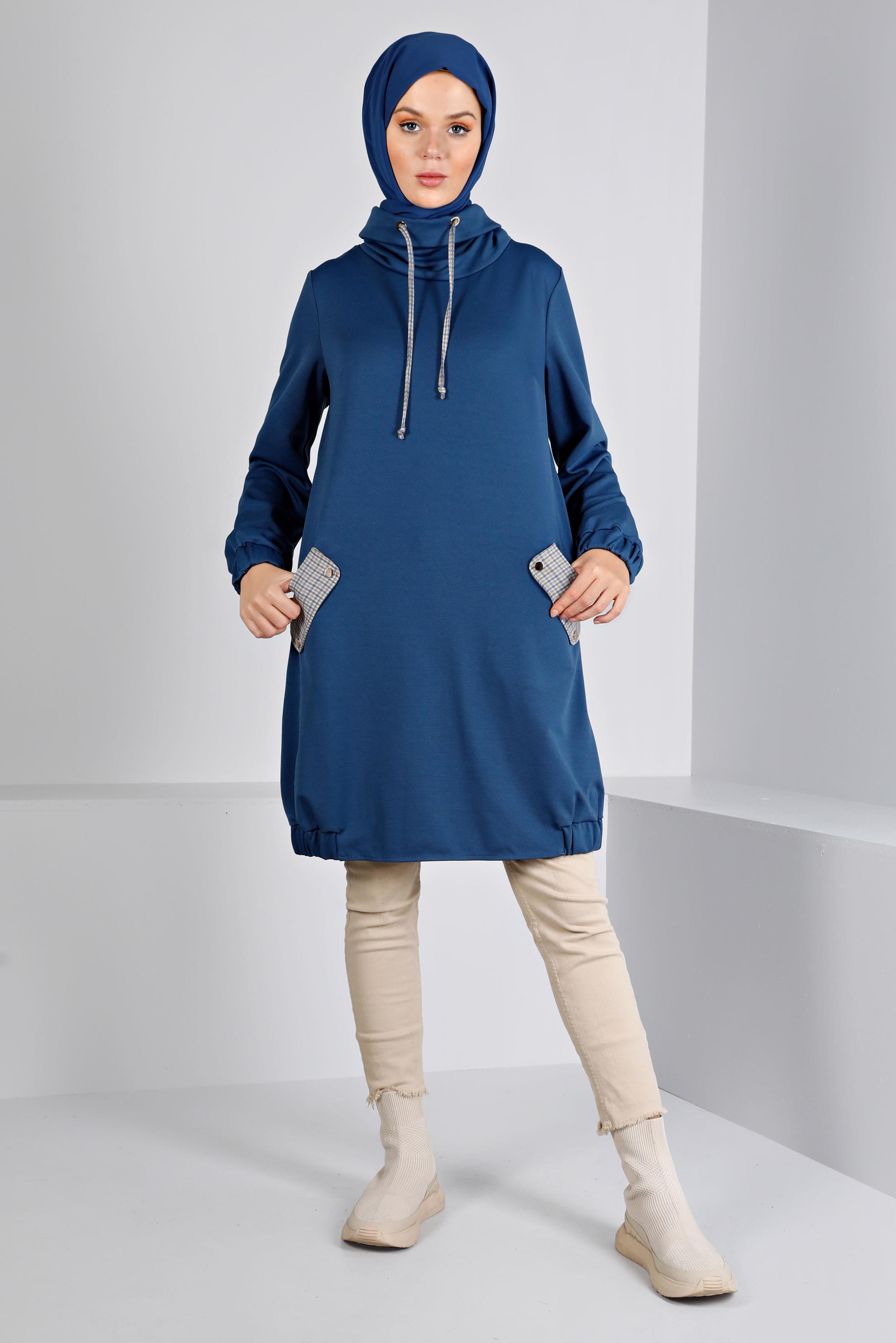 Tesettür giyim LACİVERT KAZAYAĞI DETAYLI BAĞCIKLI TUNİK 43428