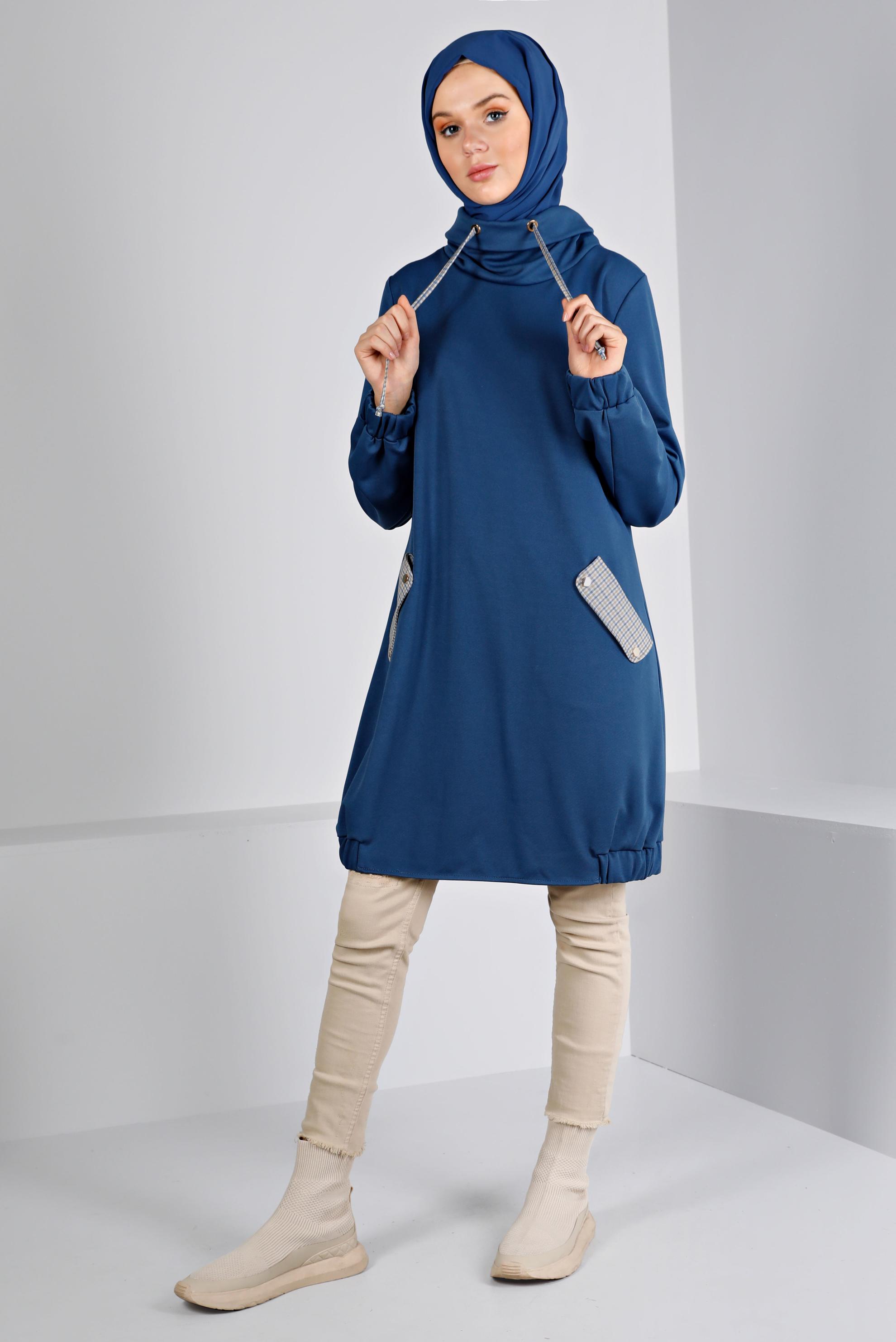 Tesettür giyim LACİVERT KAZAYAĞI DETAYLI BAĞCIKLI TUNİK 43428