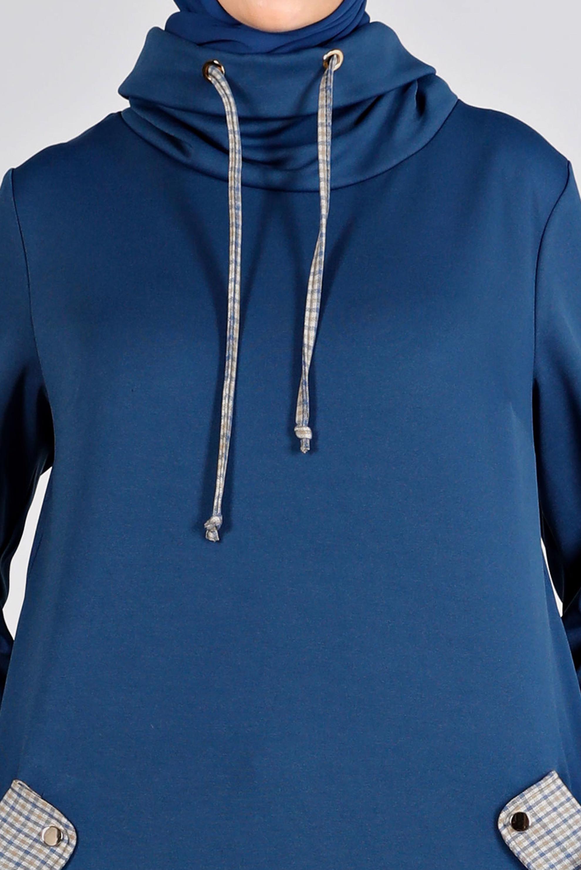 Tesettür giyim LACİVERT KAZAYAĞI DETAYLI BAĞCIKLI TUNİK 43428