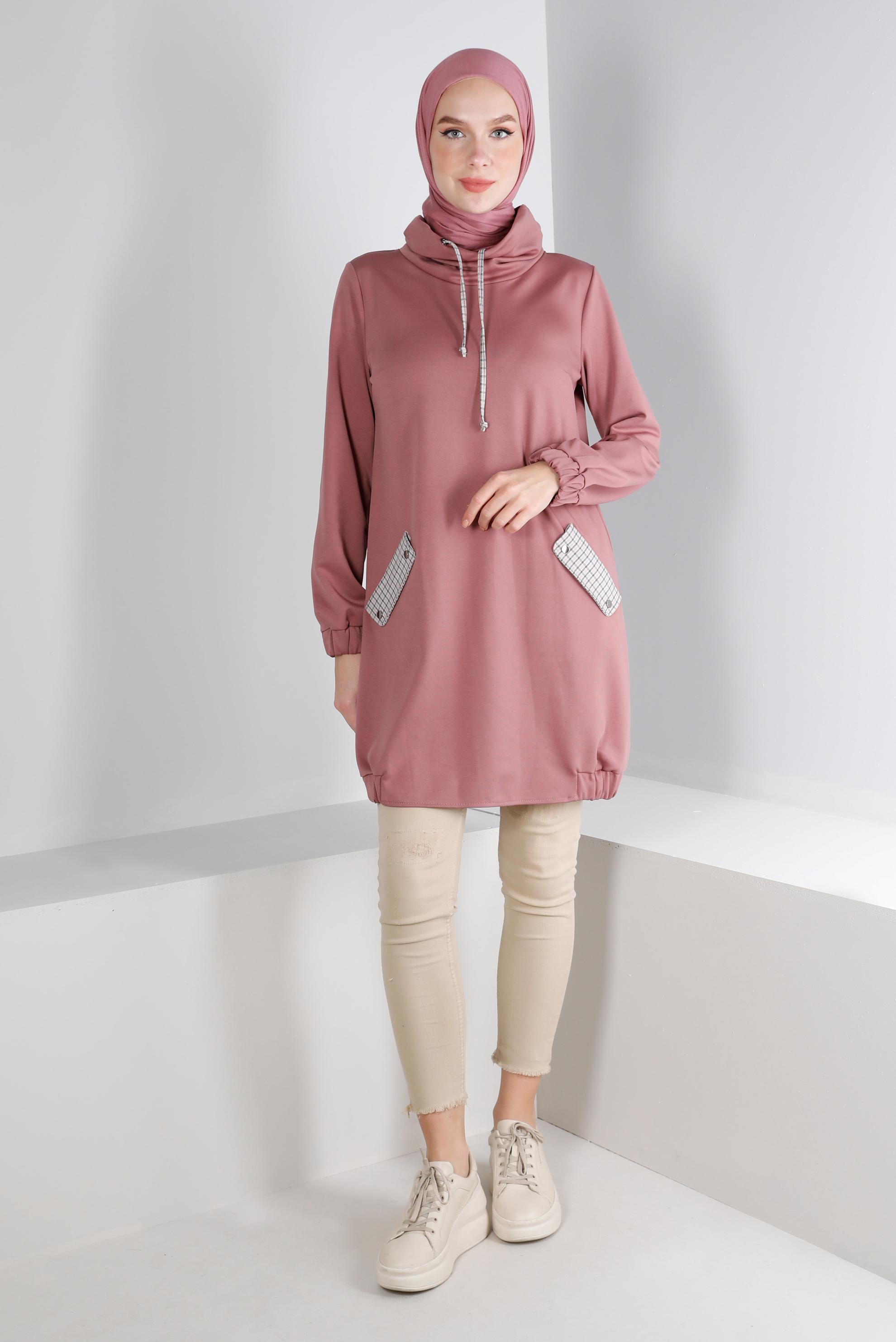 Tesettür giyim PEMBE KAZAYAĞI DETAYLI BAĞCIKLI TUNİK 43428