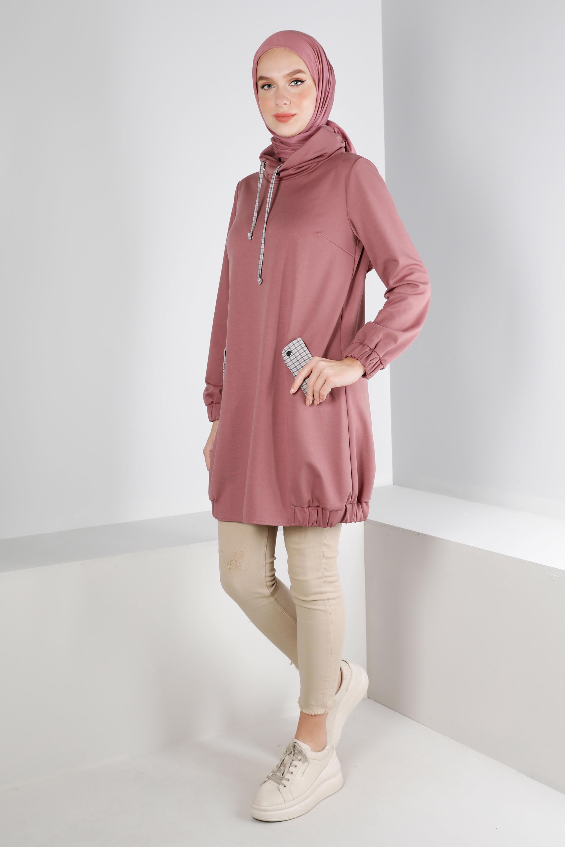 Tesettür giyim PEMBE KAZAYAĞI DETAYLI BAĞCIKLI TUNİK 43428