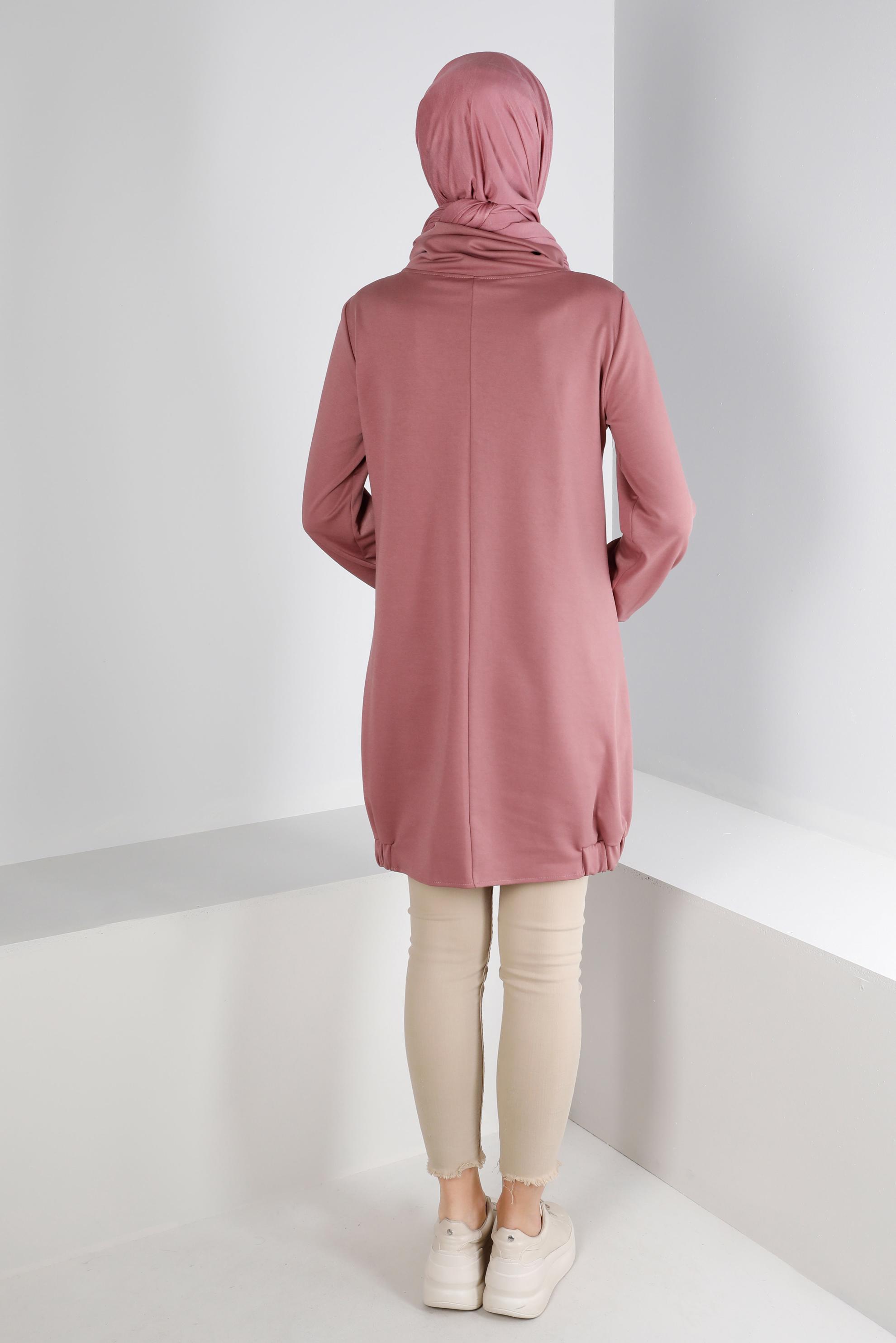 Tesettür giyim PEMBE KAZAYAĞI DETAYLI BAĞCIKLI TUNİK 43428