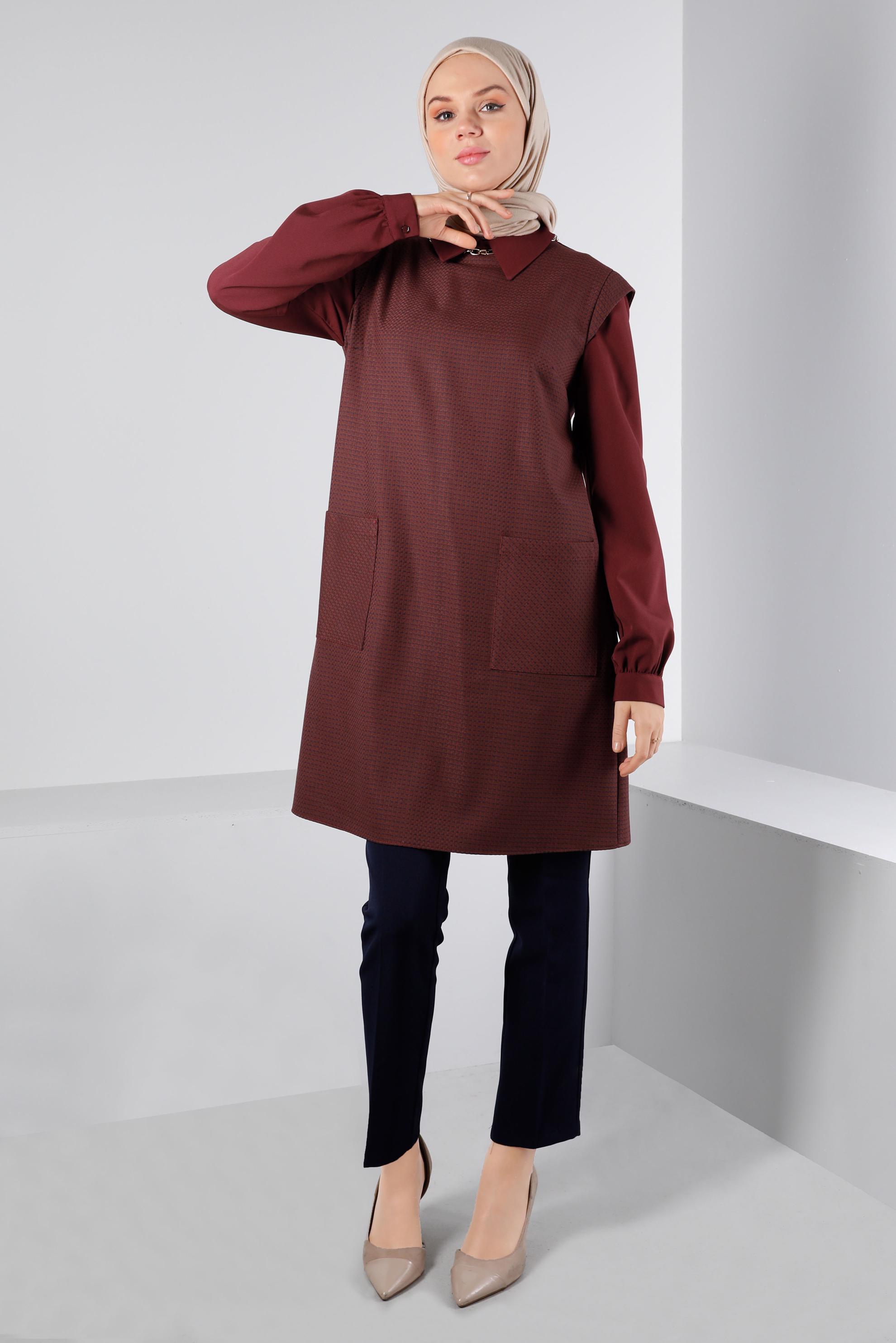 Tesettür giyim TURUNCU CEPLİ DESENLİ TUNİK 43429 