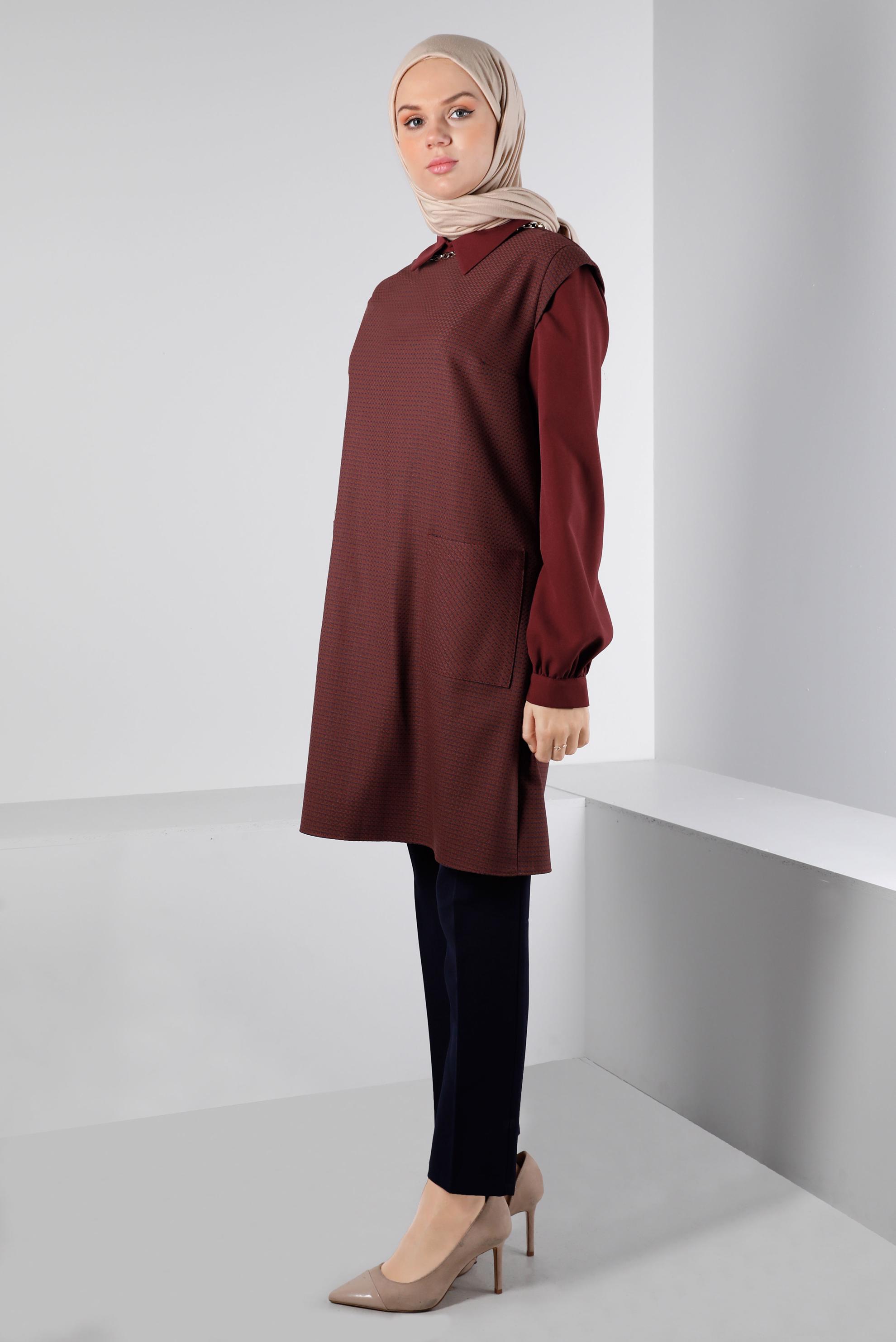 Tesettür giyim TURUNCU CEPLİ DESENLİ TUNİK 43429 