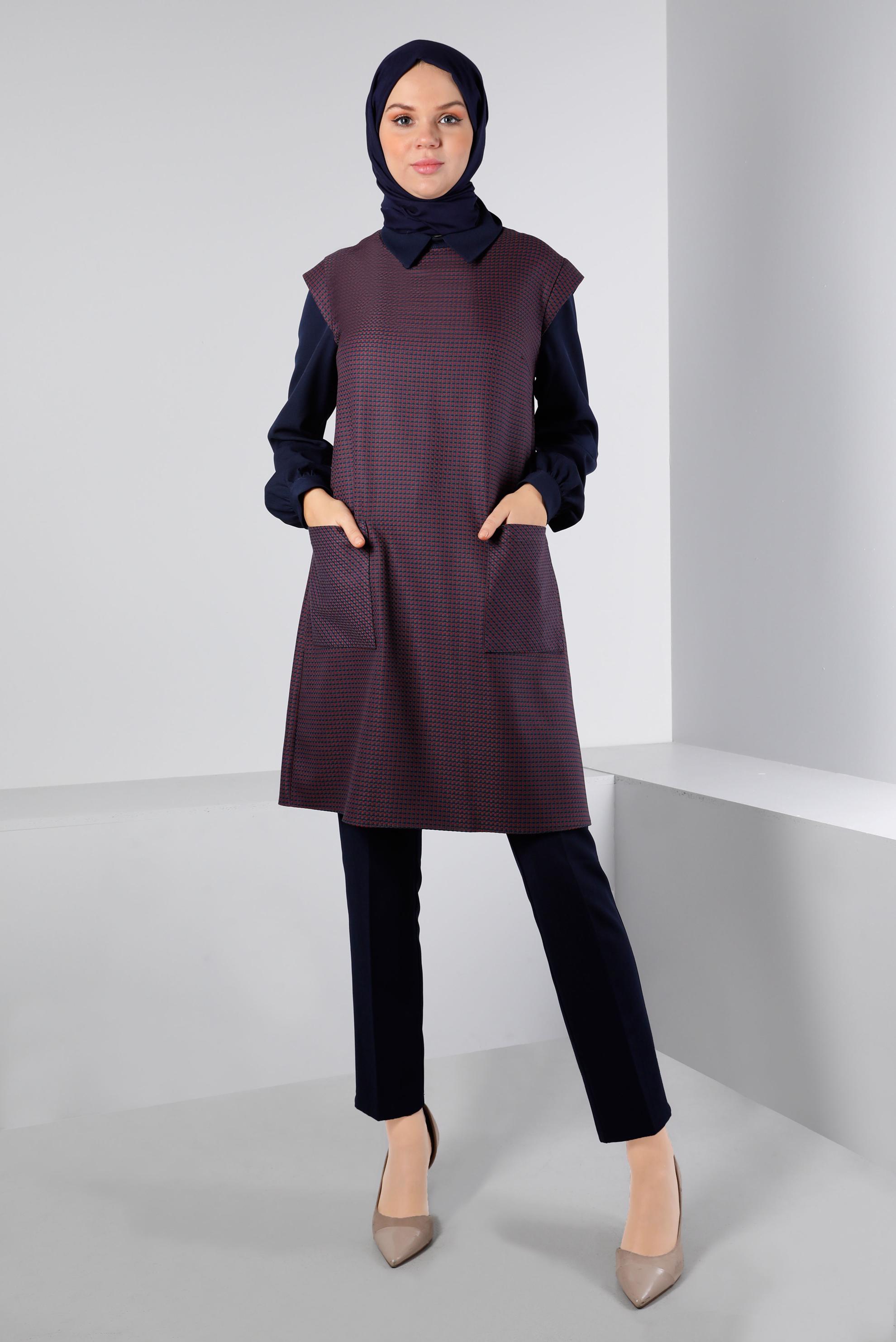 Tesettür giyim LACİVERT CEPLİ DESENLİ TUNİK 43429 