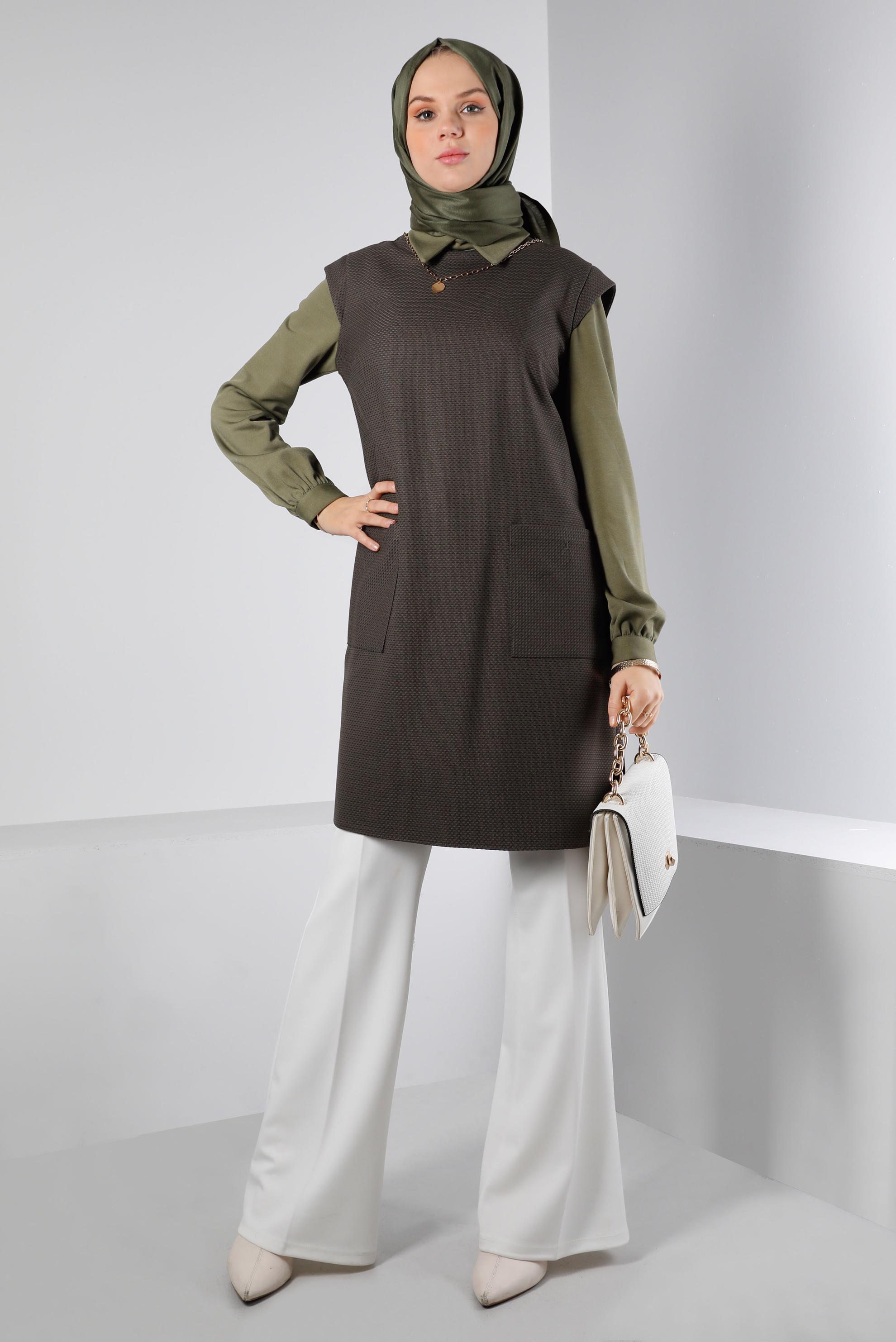 Tesettür giyim VİZON CEPLİ DESENLİ TUNİK 43429 