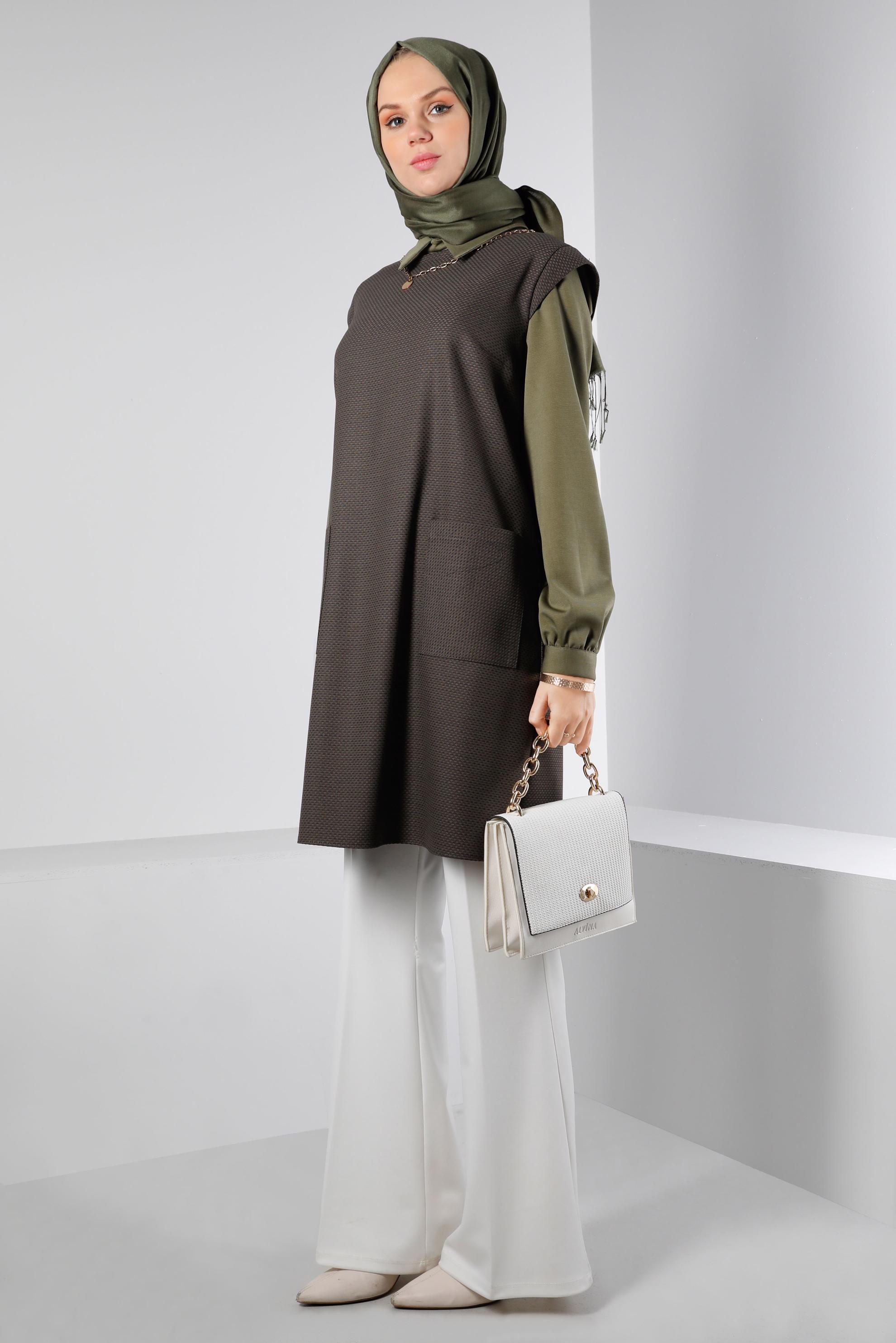 Tesettür giyim VİZON CEPLİ DESENLİ TUNİK 43429 