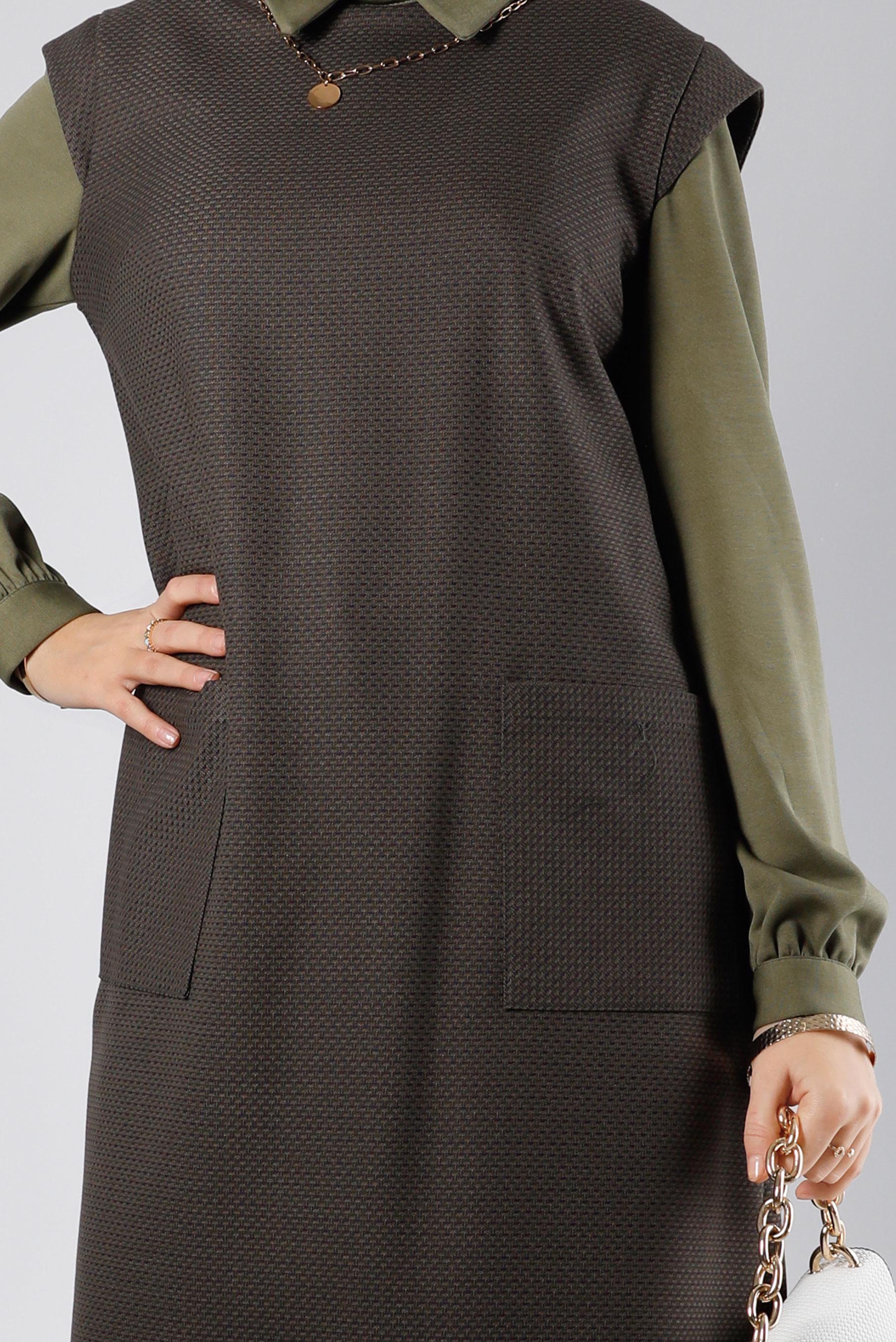 Tesettür giyim VİZON CEPLİ DESENLİ TUNİK 43429 