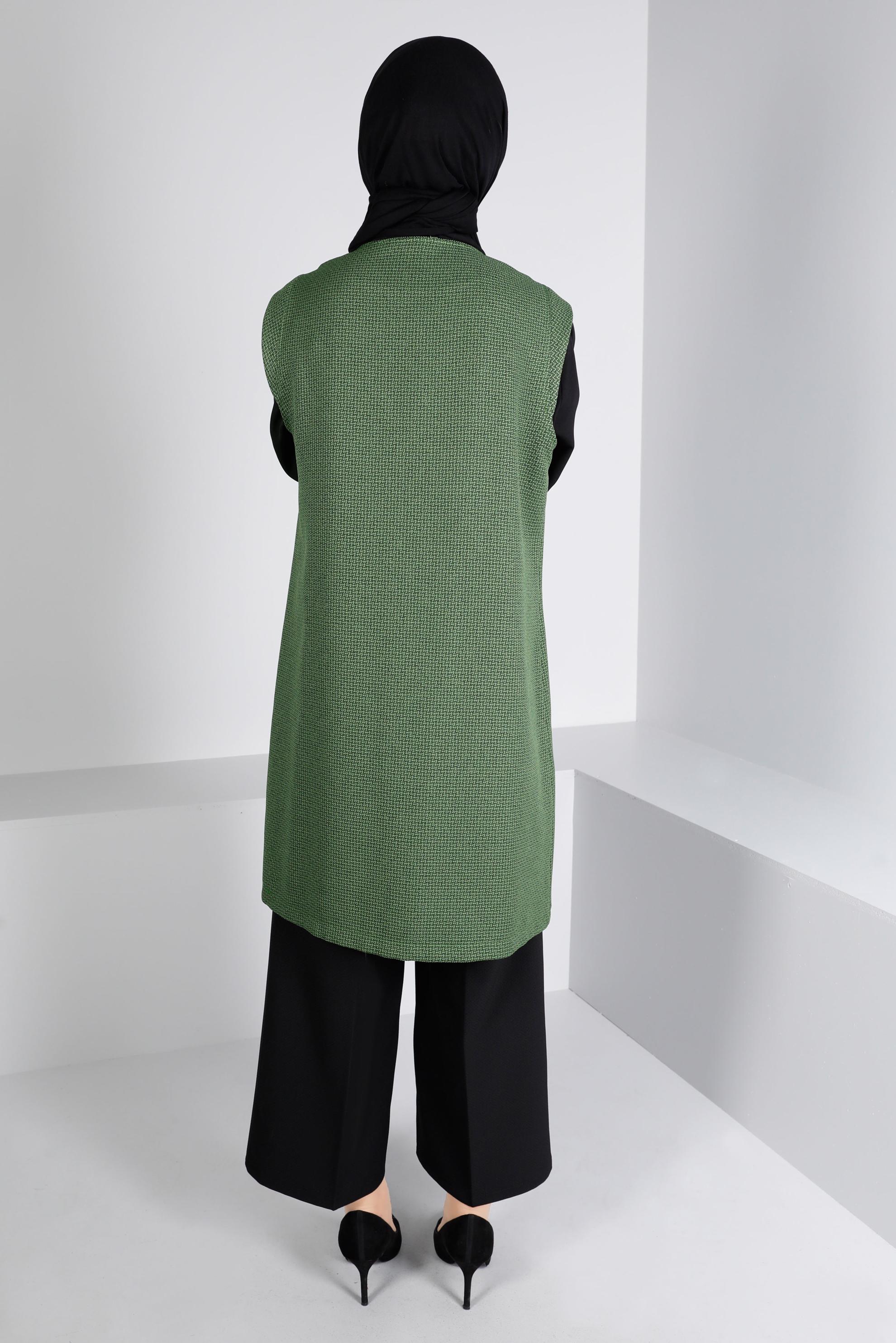 Tesettür giyim YEŞİL DESENLİ CEPLİ İKİLİ TUNİK 43430