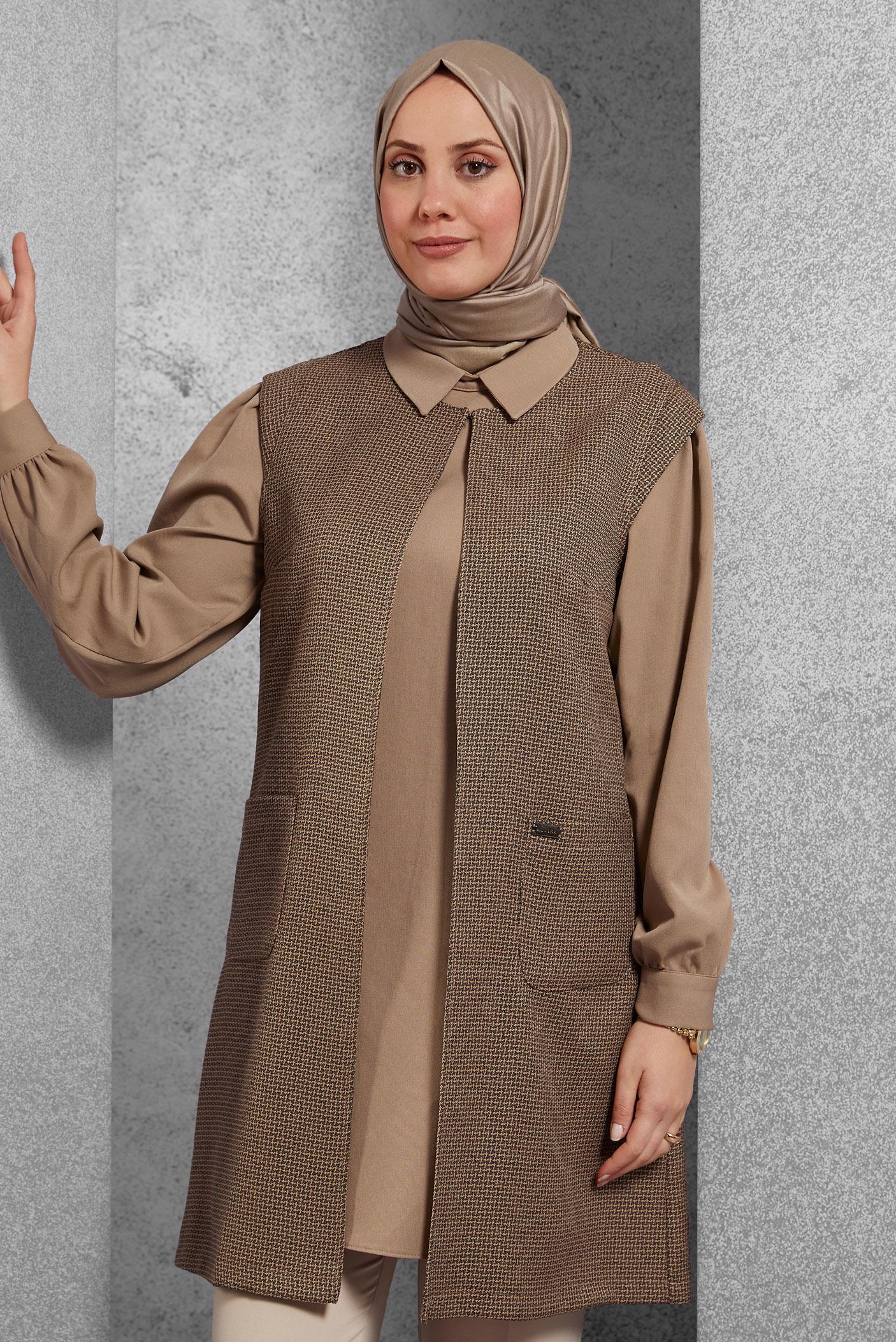 Tesettür giyim KAHVE DESENLİ CEPLİ İKİLİ TUNİK 43430