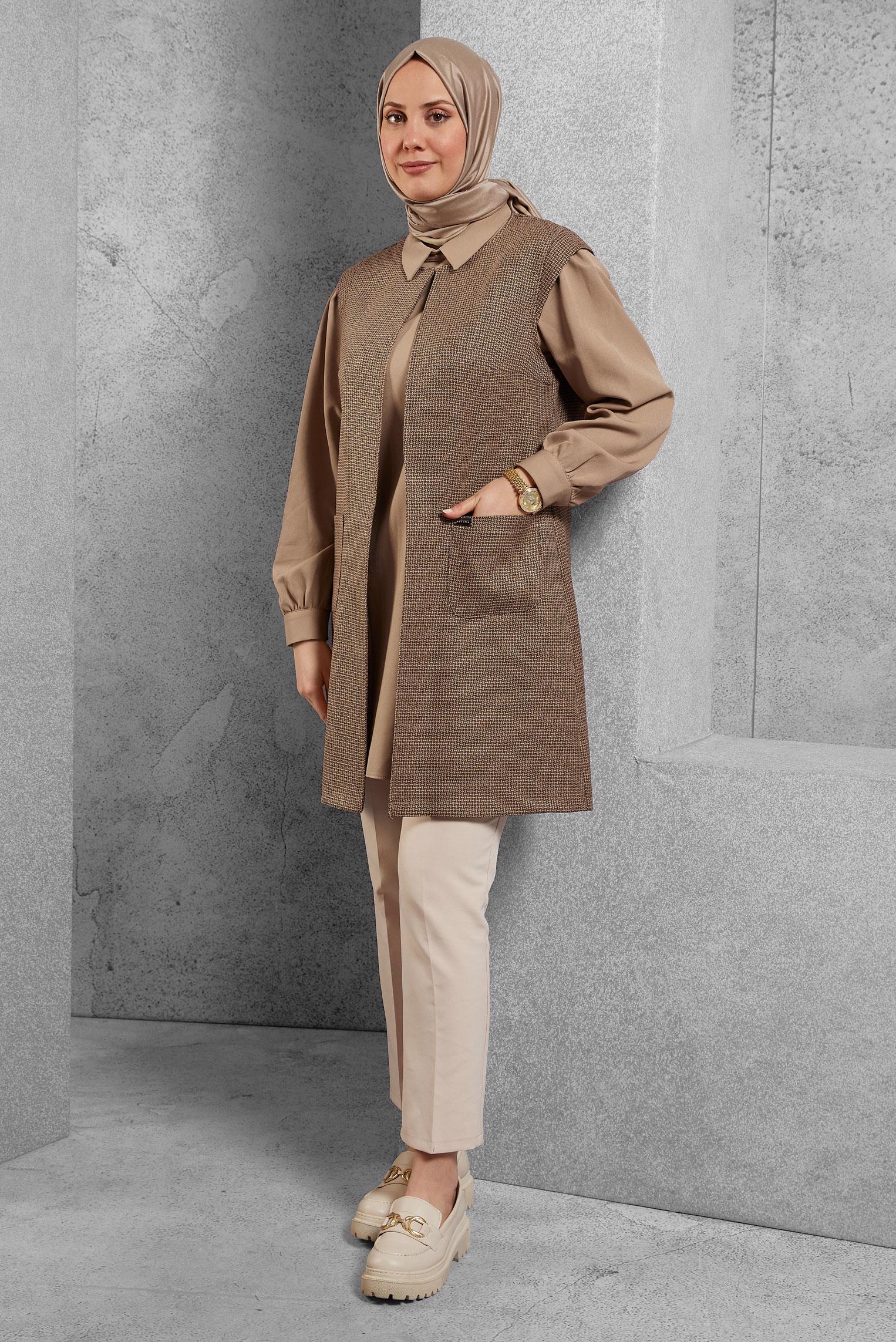 Tesettür giyim KAHVE DESENLİ CEPLİ İKİLİ TUNİK 43430