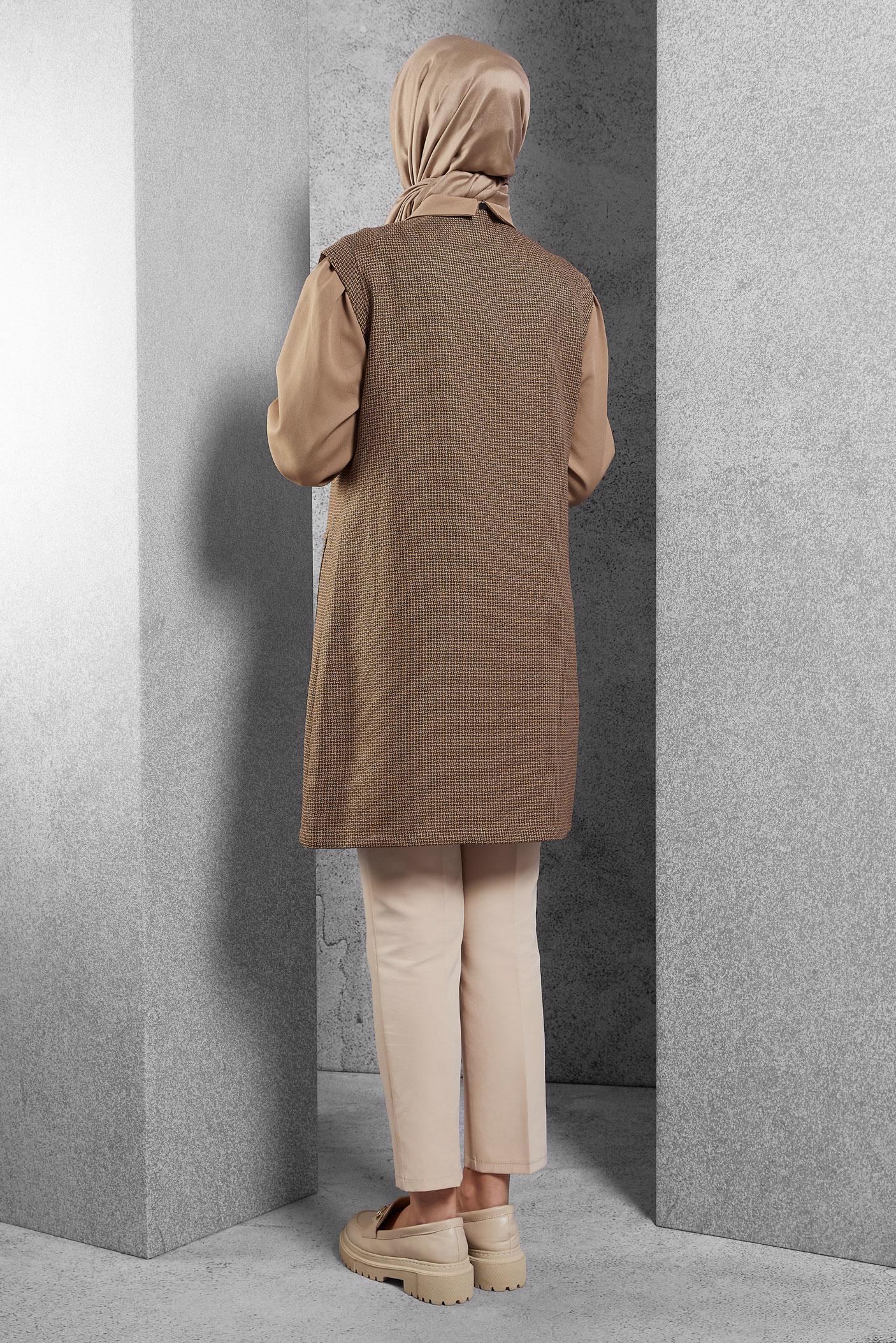 Tesettür giyim KAHVE DESENLİ CEPLİ İKİLİ TUNİK 43430