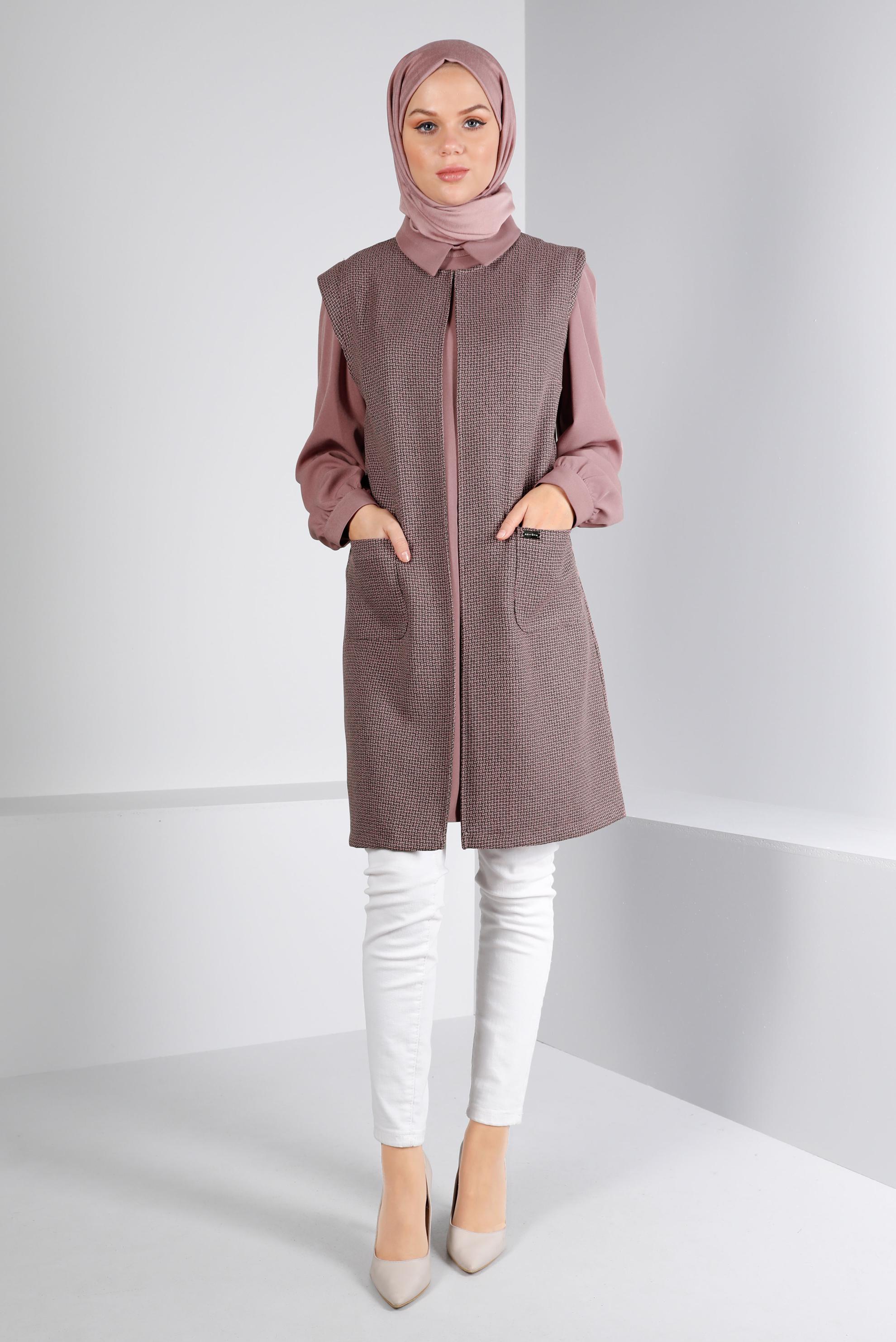 Tesettür giyim PUDRA DESENLİ CEPLİ İKİLİ TUNİK 43430