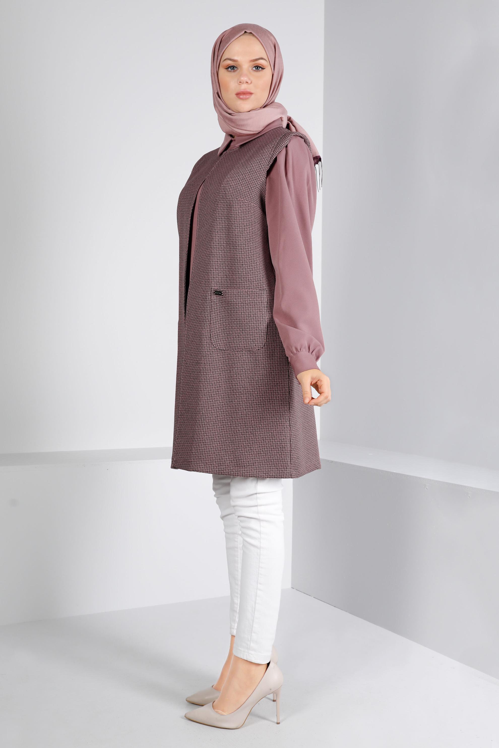 Tesettür giyim PUDRA DESENLİ CEPLİ İKİLİ TUNİK 43430