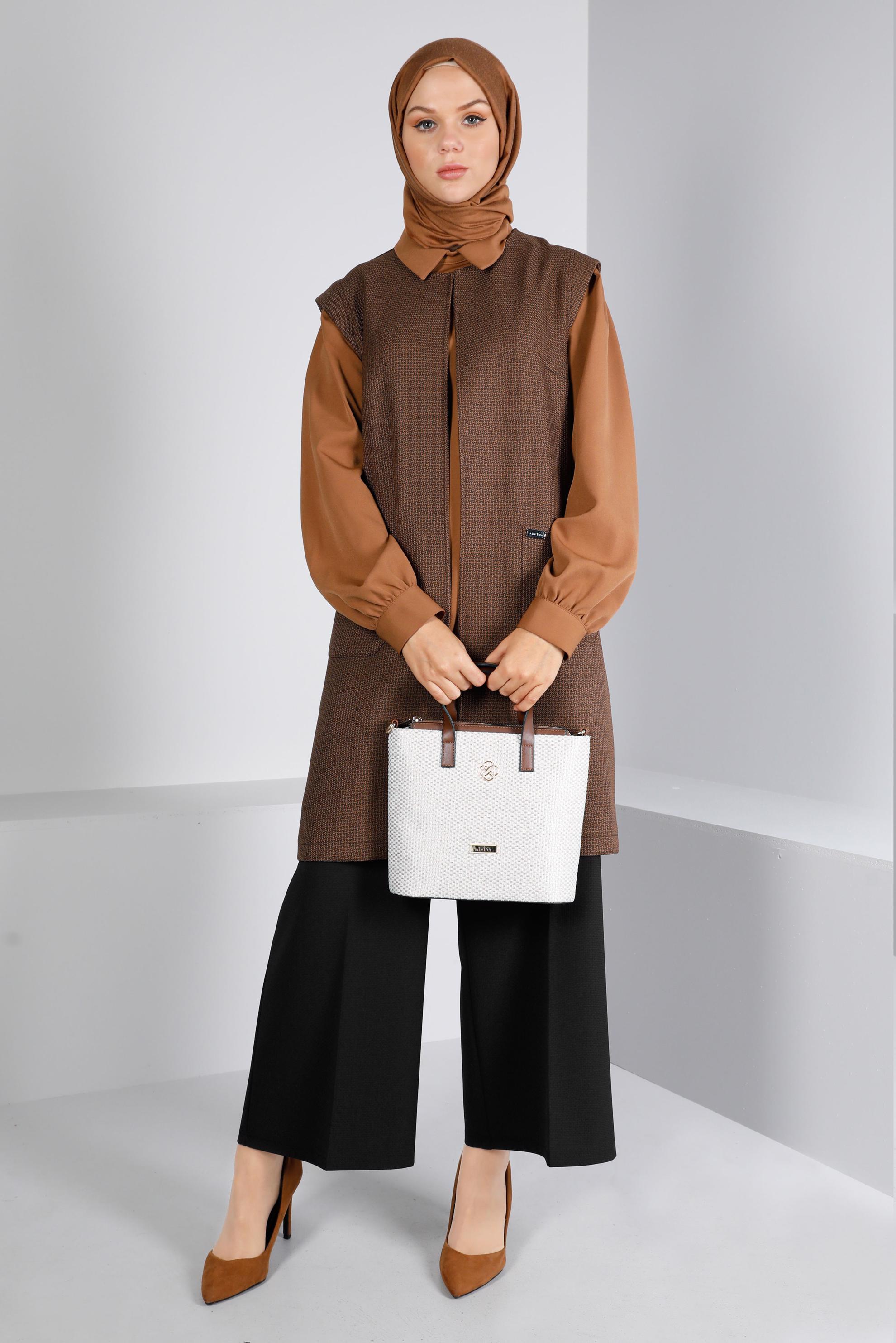 Tesettür giyim TABA DESENLİ CEPLİ İKİLİ TUNİK 43430