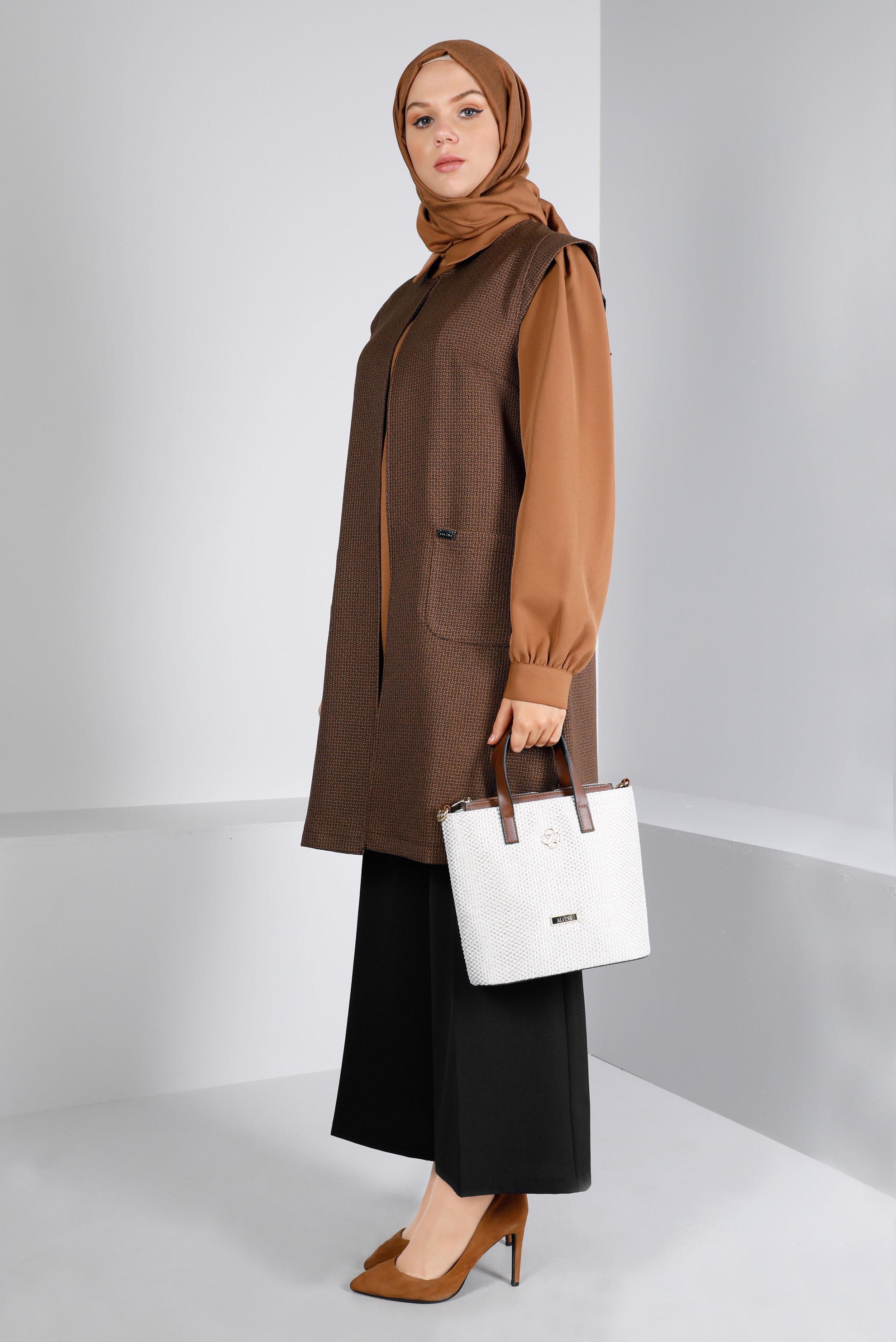 Tesettür giyim TABA DESENLİ CEPLİ İKİLİ TUNİK 43430