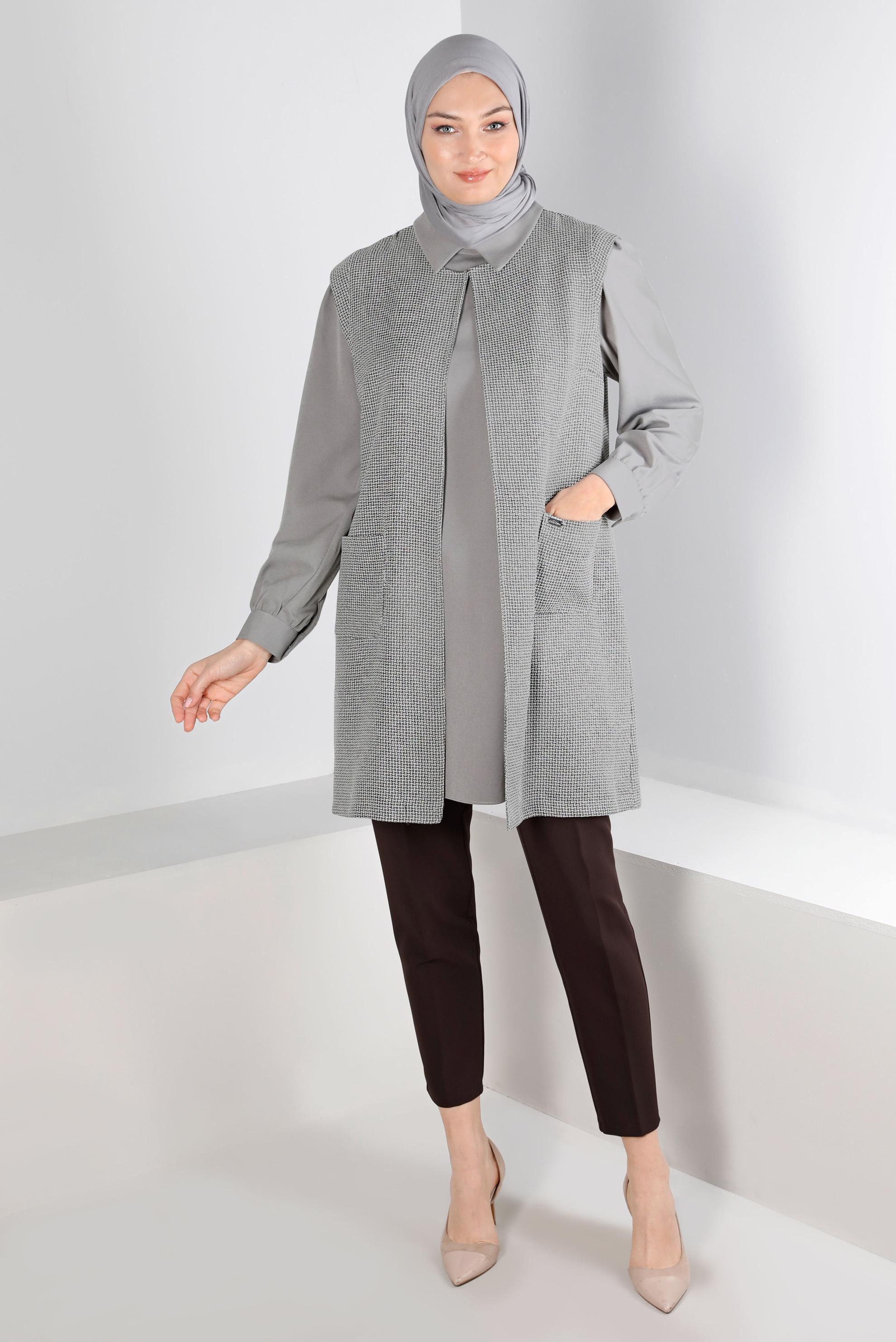 Tesettür giyim SİYAH DESENLİ CEPLİ İKİLİ TUNİK 43430