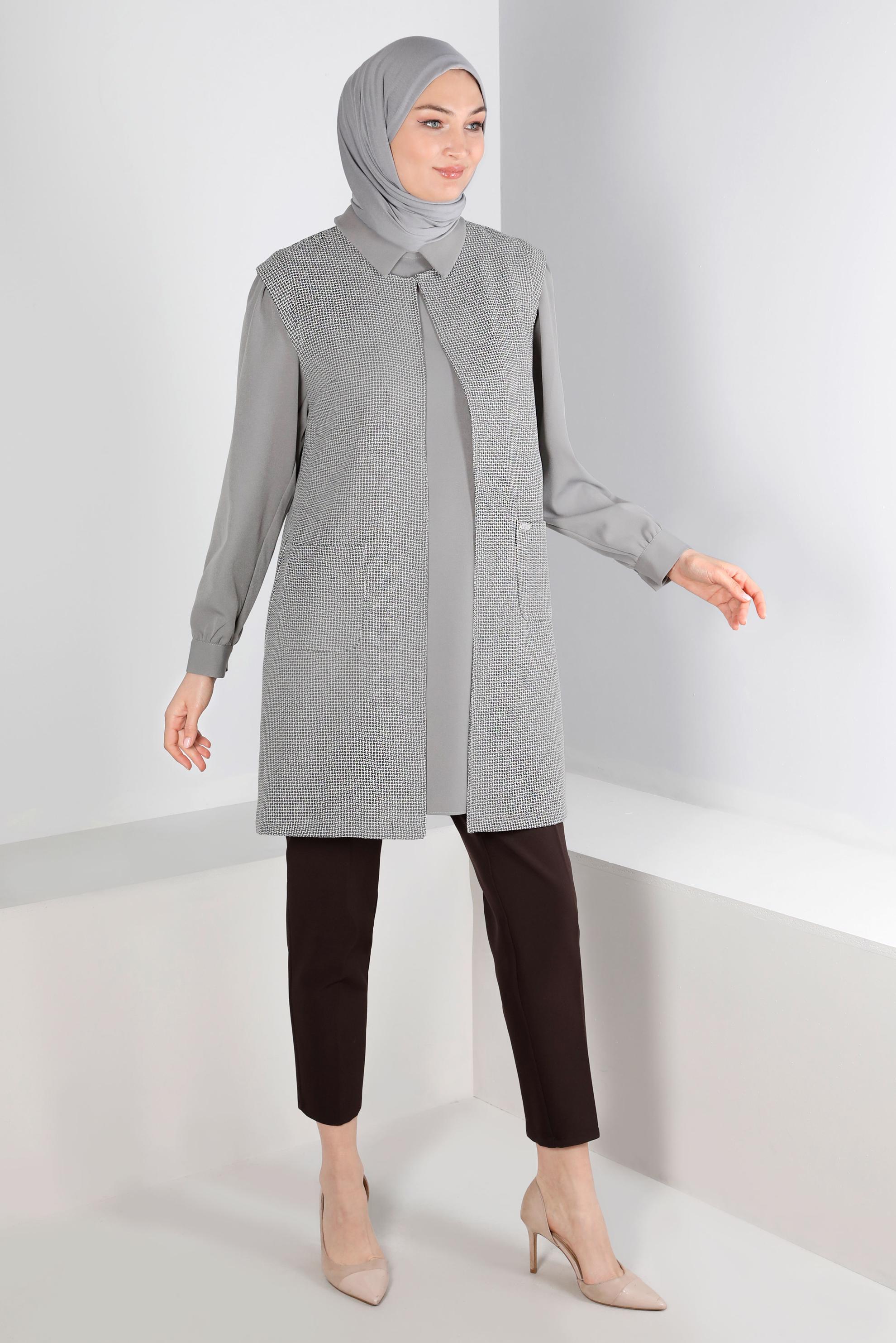 Tesettür giyim SİYAH DESENLİ CEPLİ İKİLİ TUNİK 43430