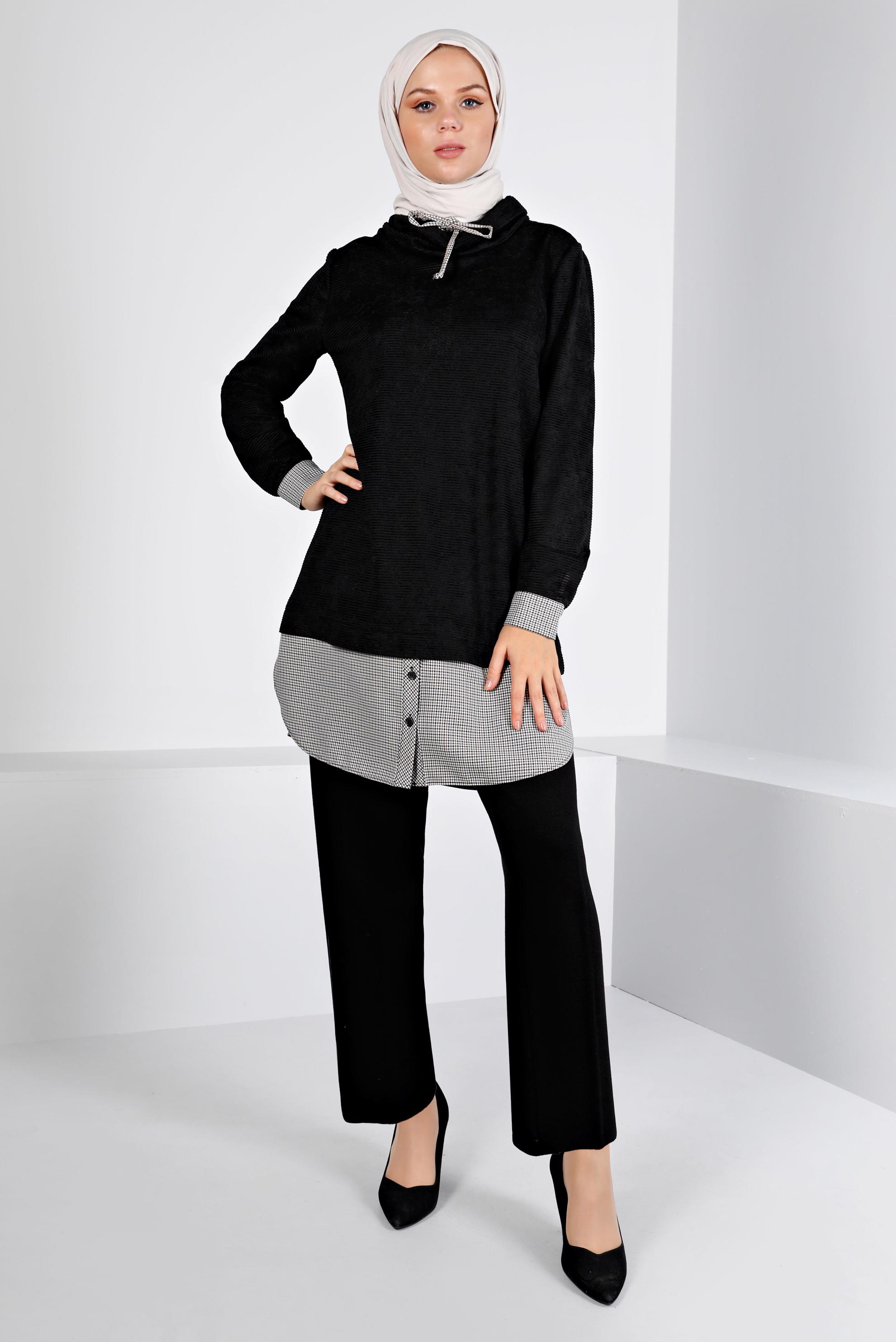 Tesettür giyim SİYAH DÜĞMELİ ŞÖNİL KADİFE TUNİK 43438 