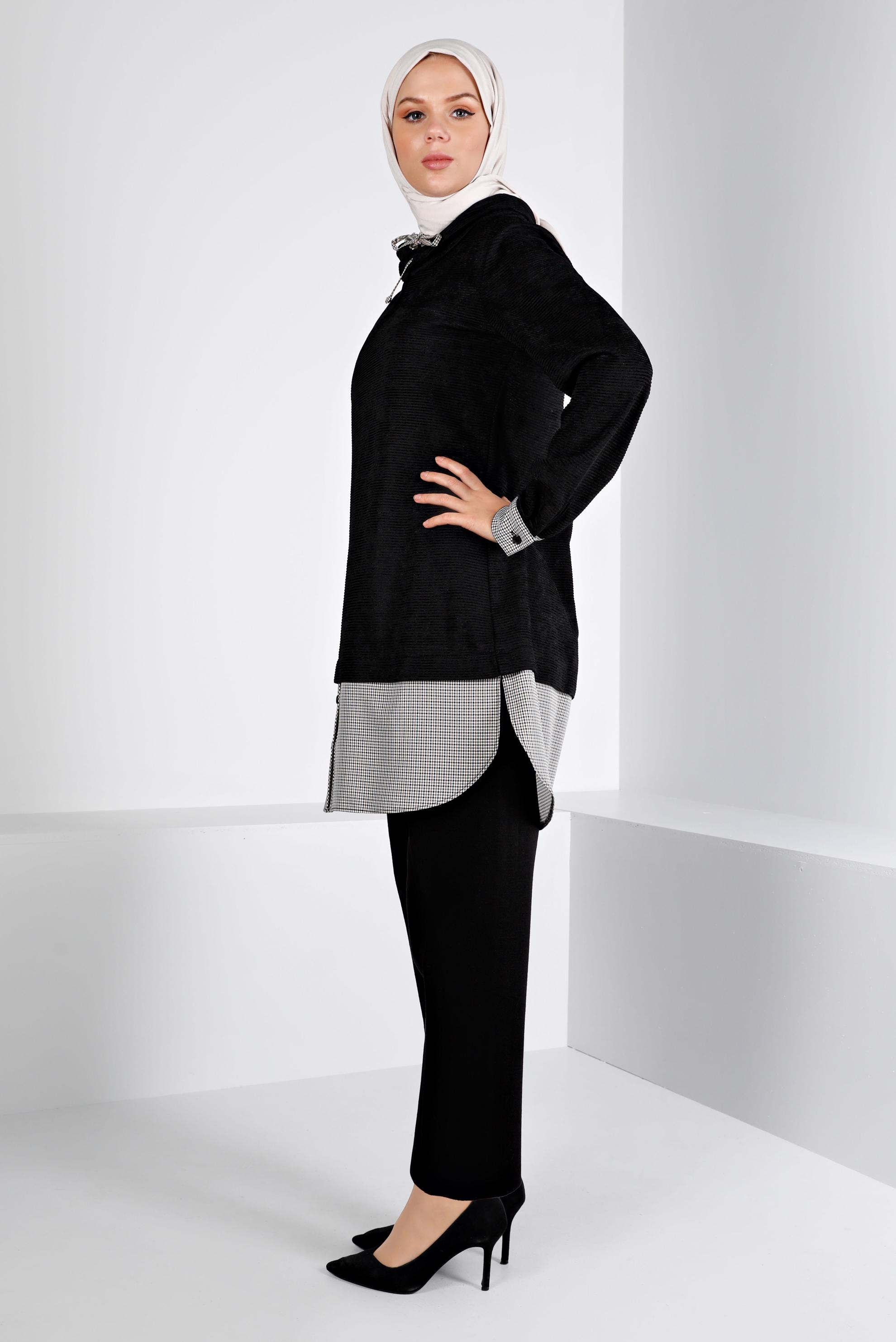 Tesettür giyim SİYAH DÜĞMELİ ŞÖNİL KADİFE TUNİK 43438 