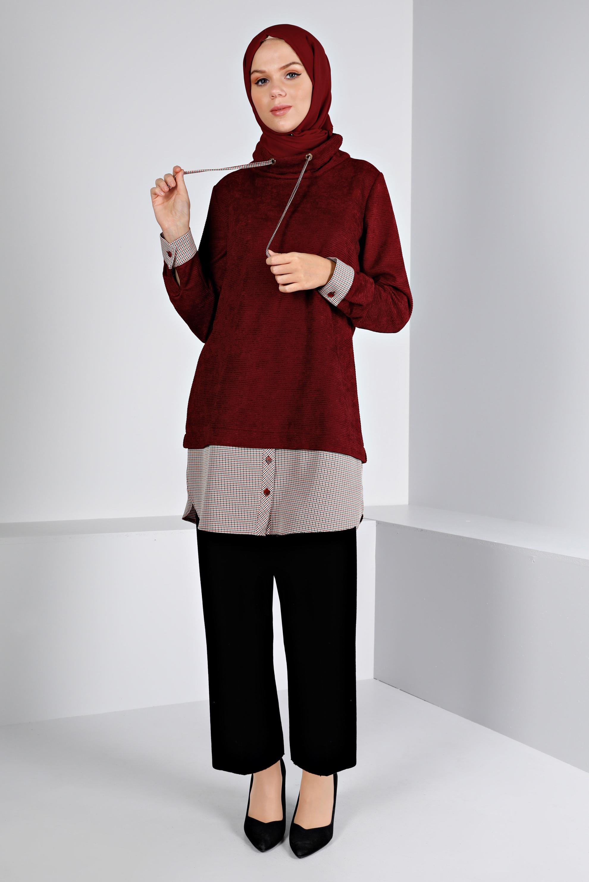 Tesettür giyim BORDO DÜĞMELİ ŞÖNİL KADİFE TUNİK 43438 