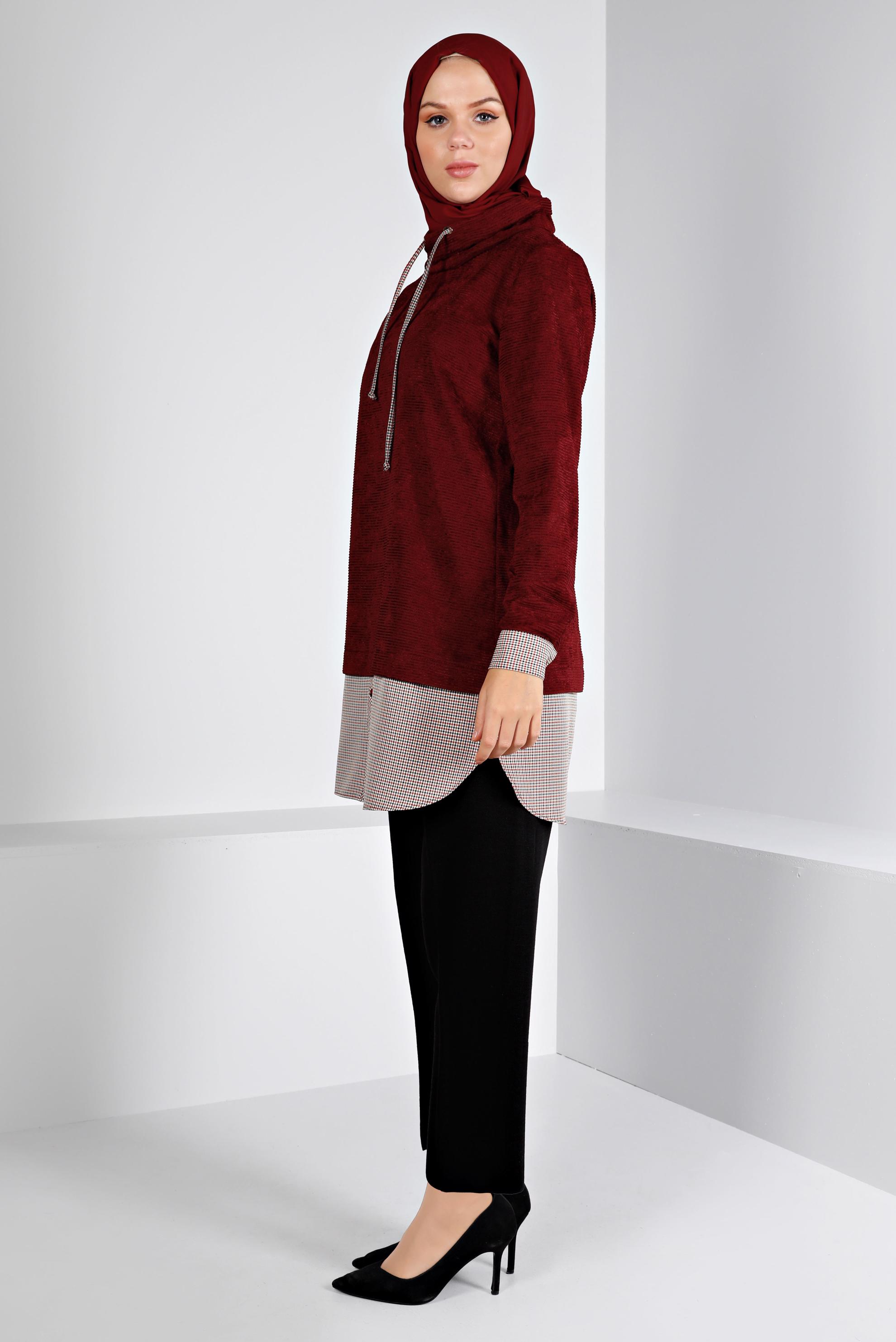 Tesettür giyim BORDO DÜĞMELİ ŞÖNİL KADİFE TUNİK 43438 