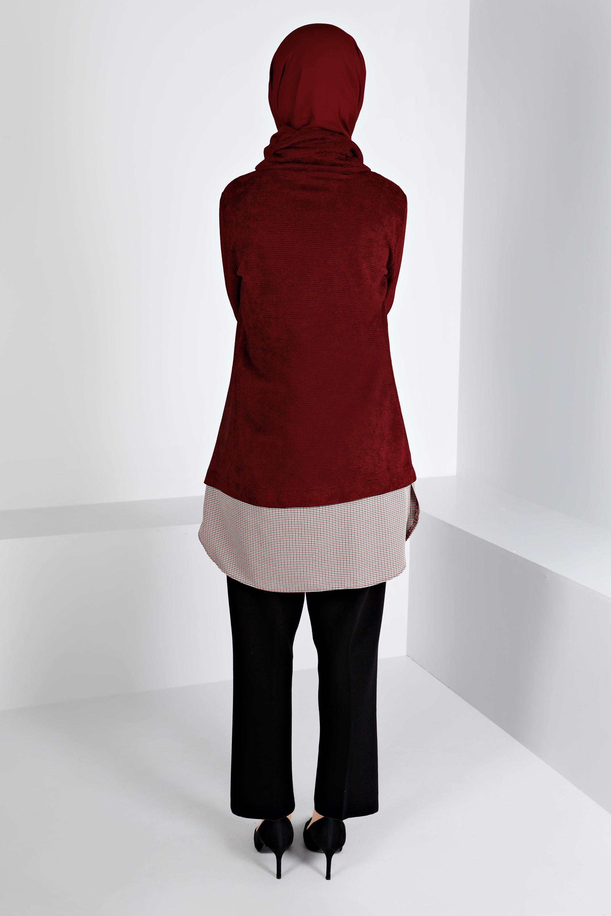 Tesettür giyim BORDO DÜĞMELİ ŞÖNİL KADİFE TUNİK 43438 