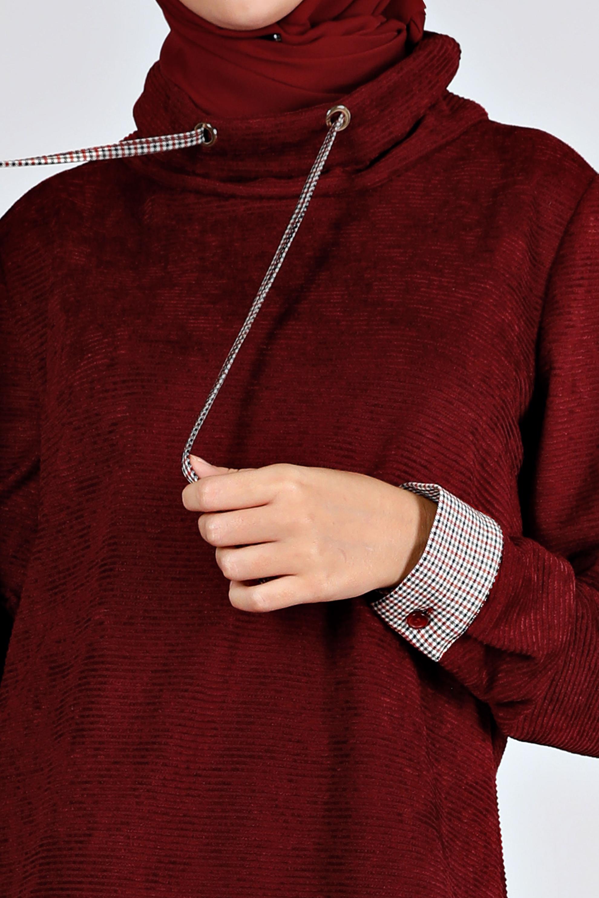 Tesettür giyim BORDO DÜĞMELİ ŞÖNİL KADİFE TUNİK 43438 