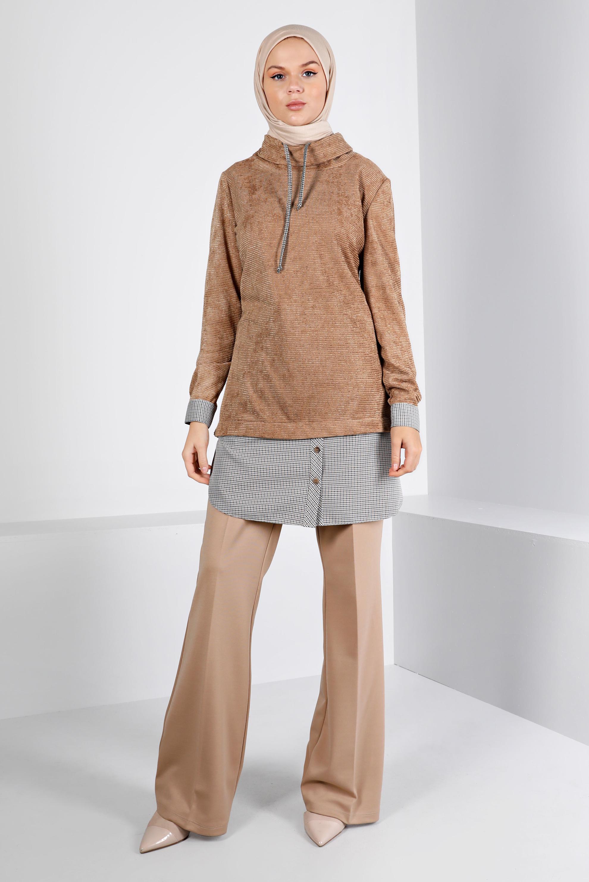 Tesettür giyim KAHVE DÜĞMELİ ŞÖNİL KADİFE TUNİK 43438 