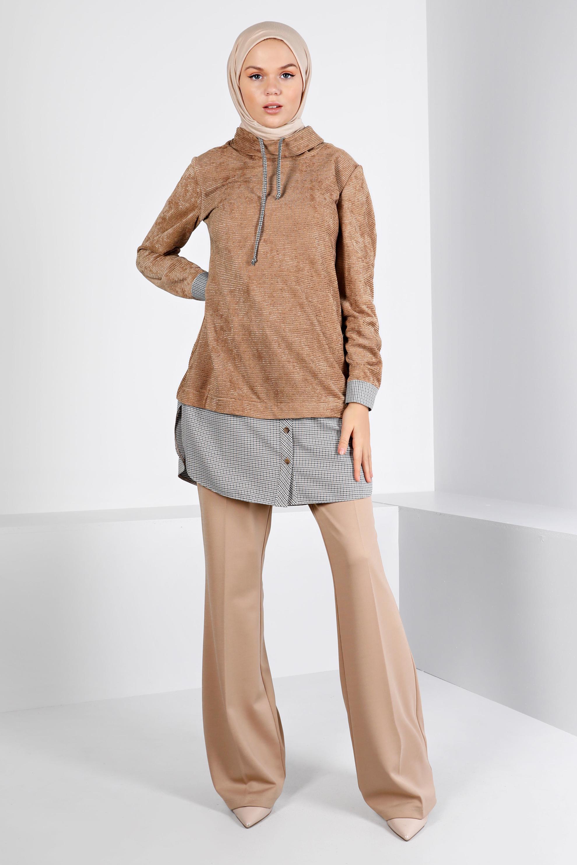 Tesettür giyim KAHVE DÜĞMELİ ŞÖNİL KADİFE TUNİK 43438 