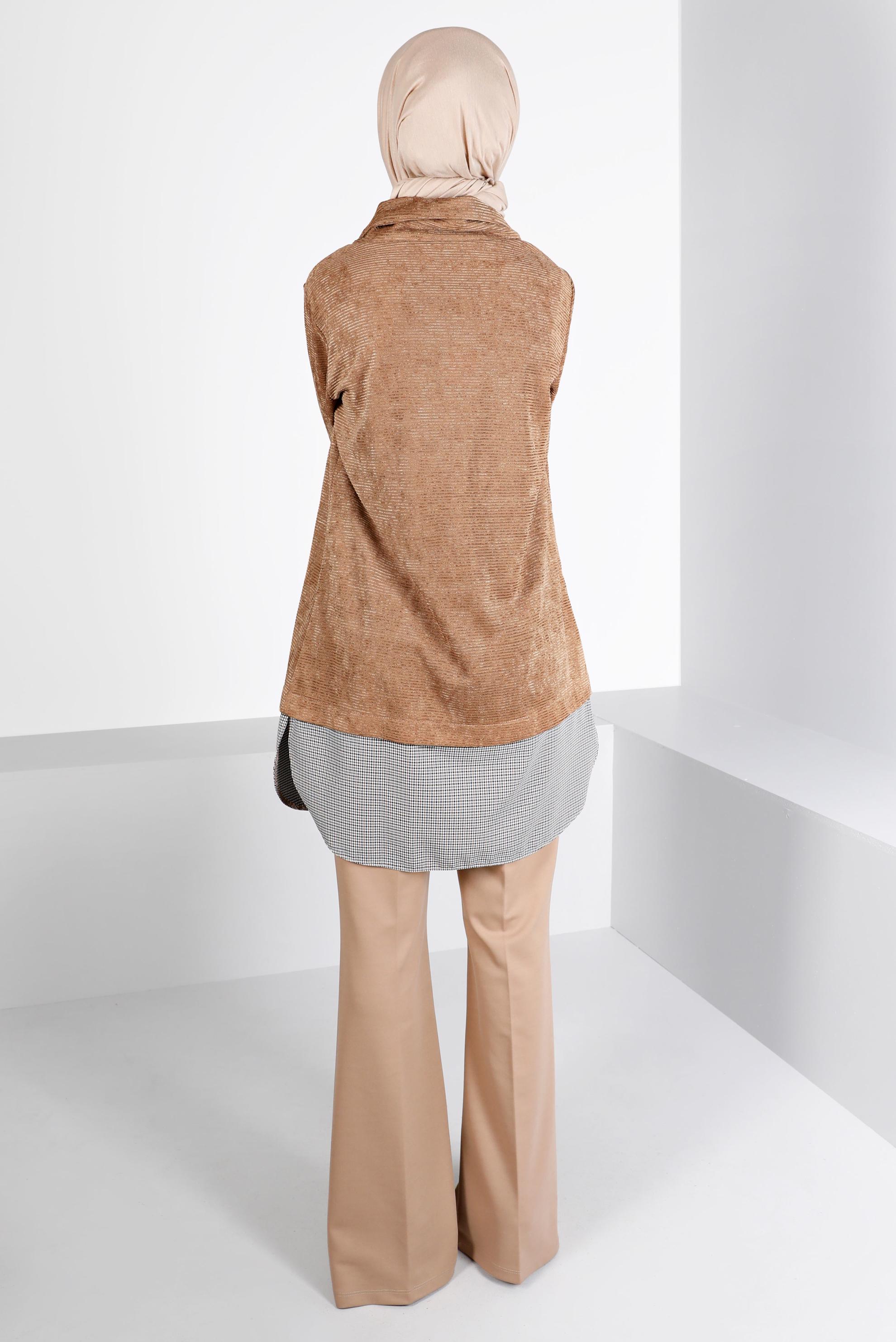 Tesettür giyim KAHVE DÜĞMELİ ŞÖNİL KADİFE TUNİK 43438 