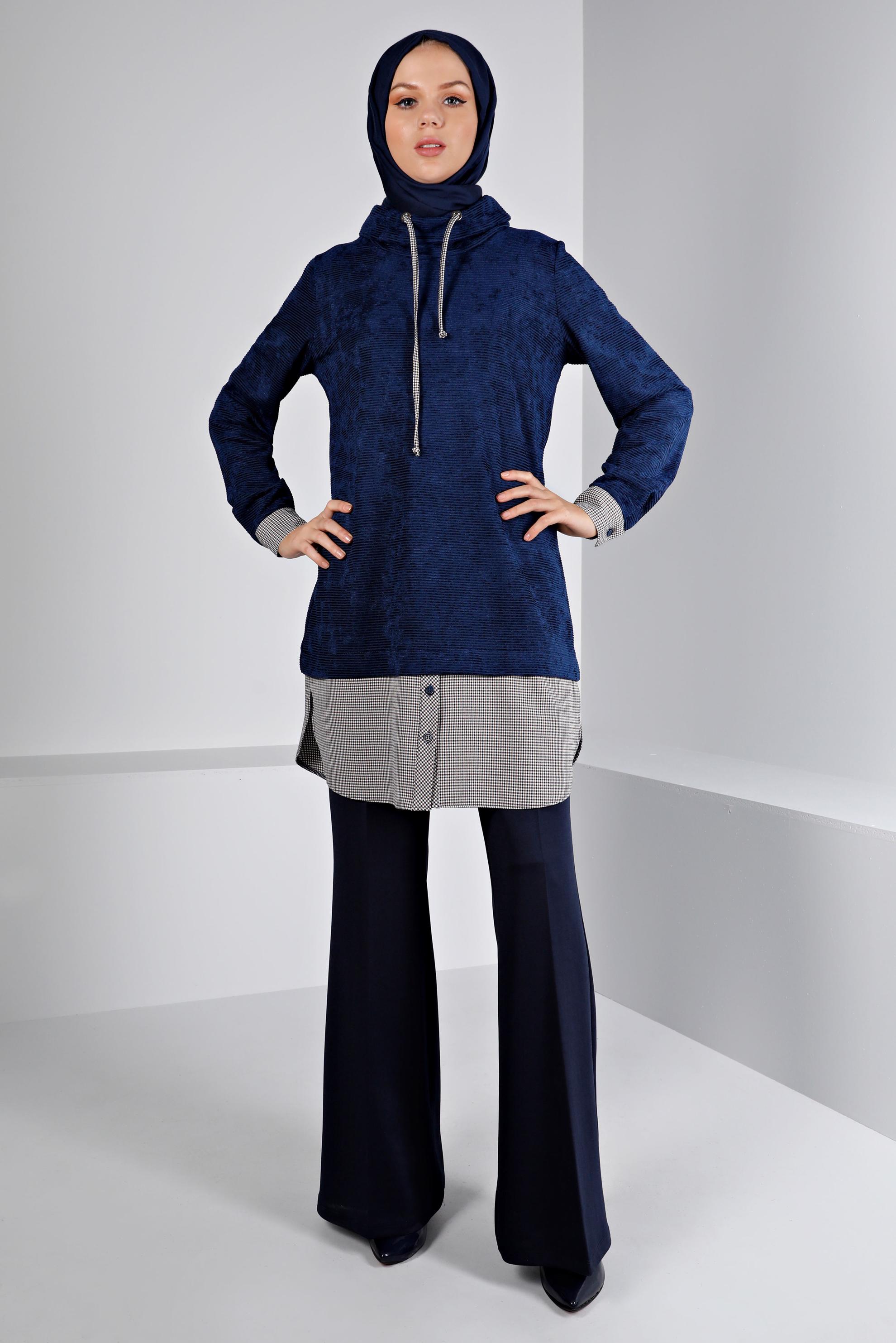 Tesettür giyim LACİVERT DÜĞMELİ ŞÖNİL KADİFE TUNİK 43438 