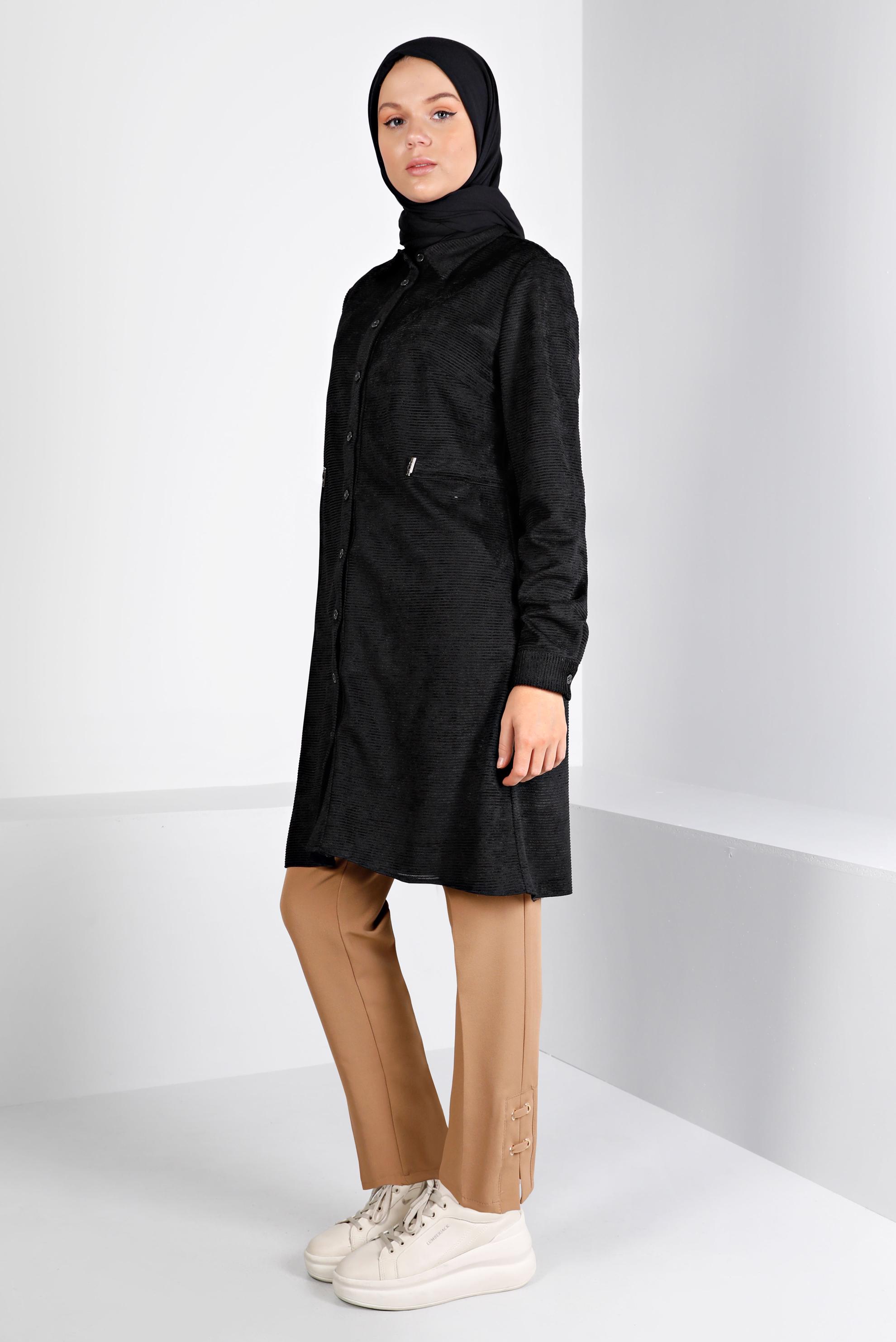 Tesettür giyim SİYAH KADİFE GÖMLEK TUNİK 43441