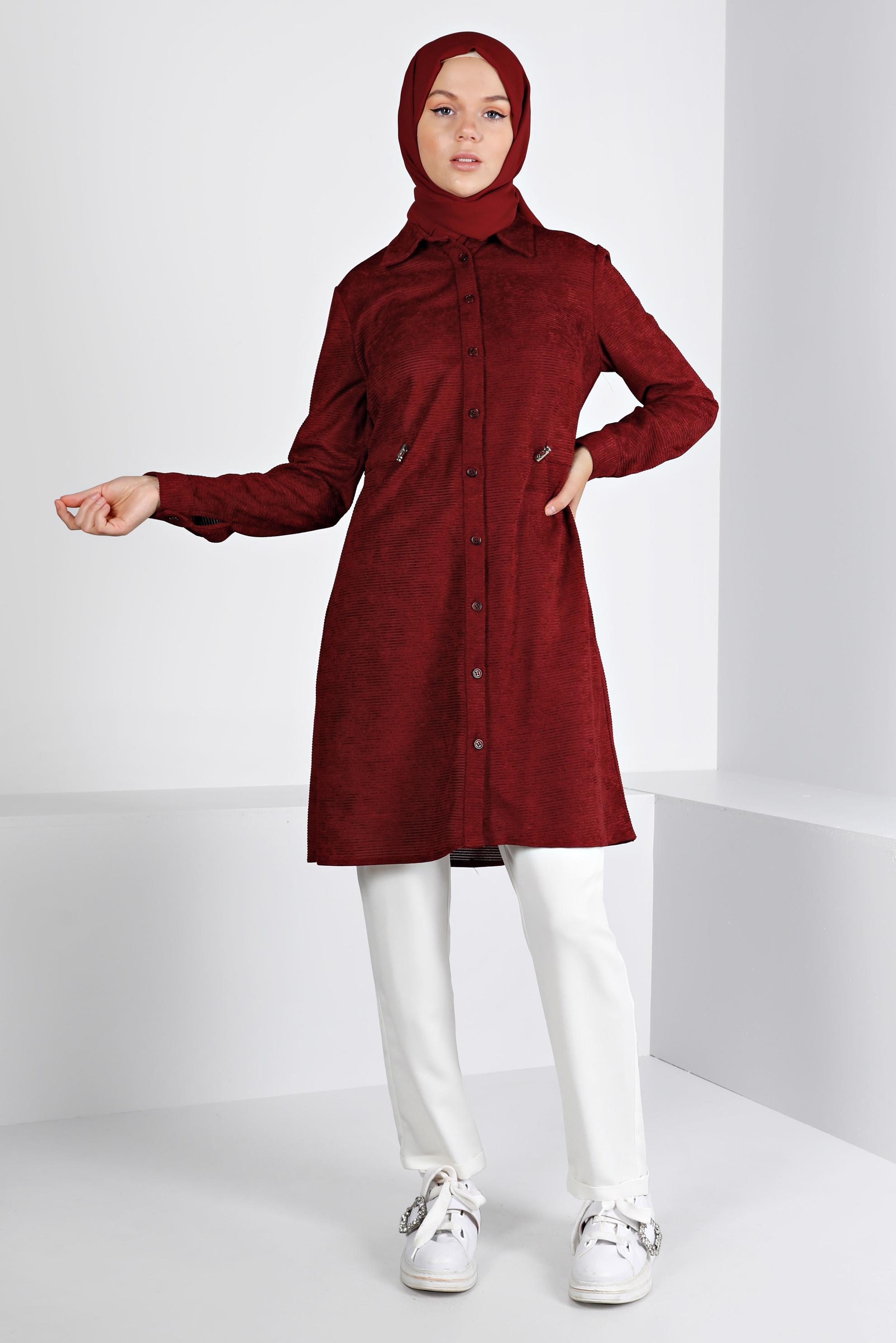 Tesettür giyim BORDO KADİFE GÖMLEK TUNİK 43441