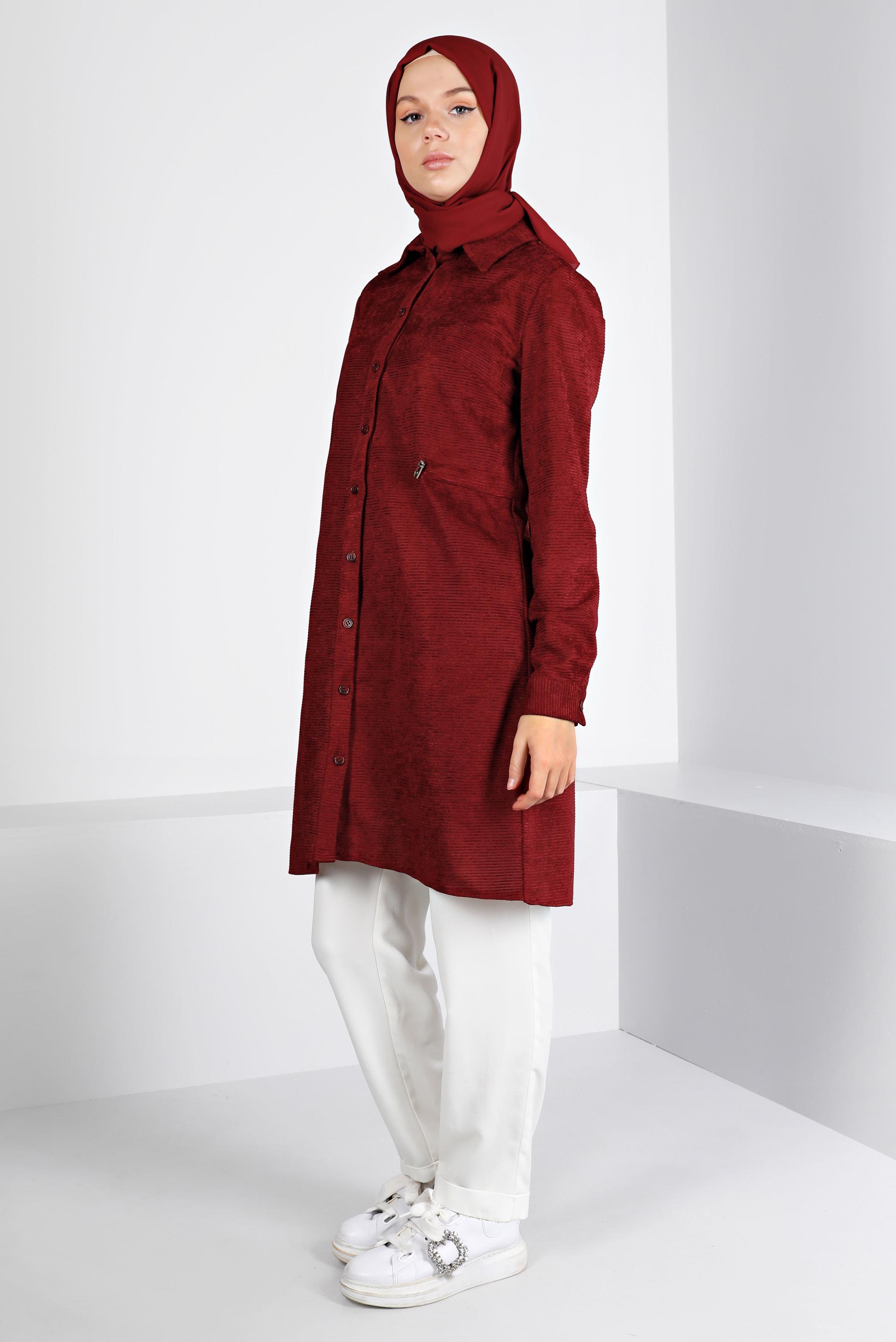 Tesettür giyim BORDO KADİFE GÖMLEK TUNİK 43441
