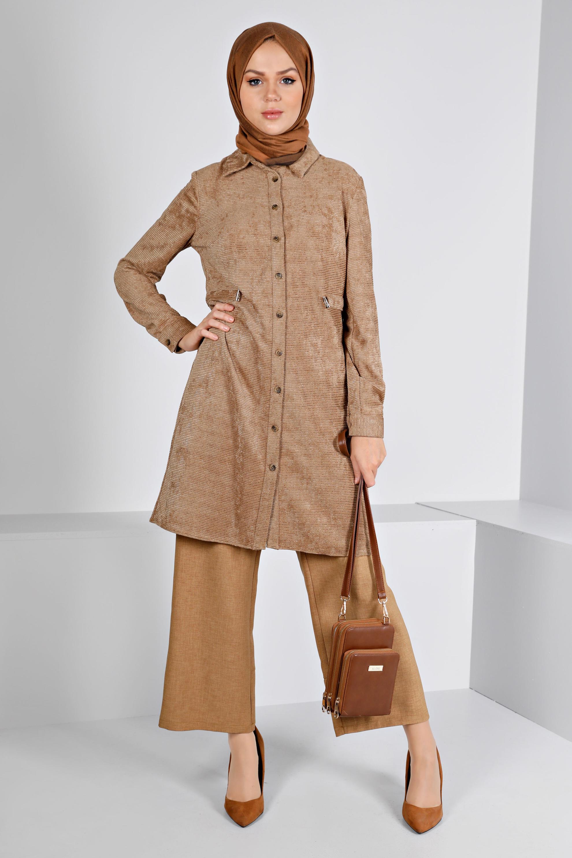 Tesettür giyim KAHVE KADİFE GÖMLEK TUNİK 43441