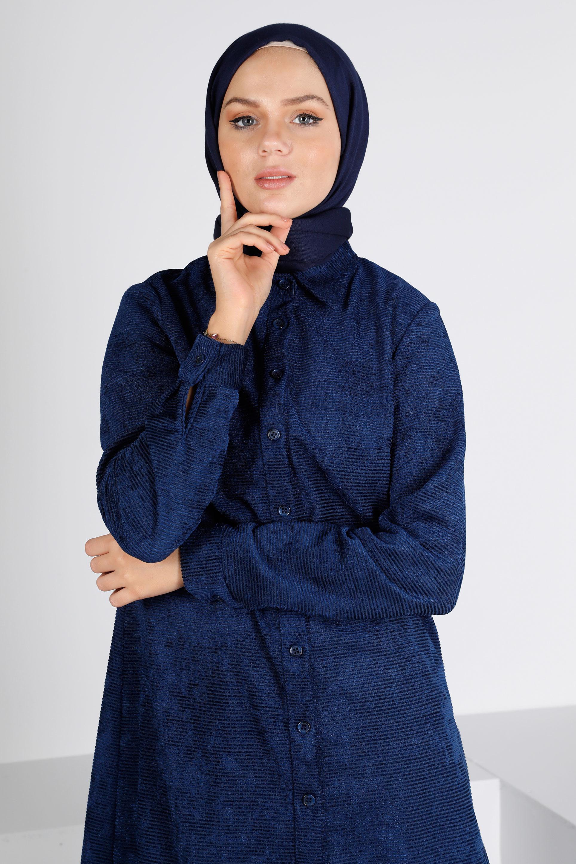 Tesettür giyim LACİVERT KADİFE GÖMLEK TUNİK 43441