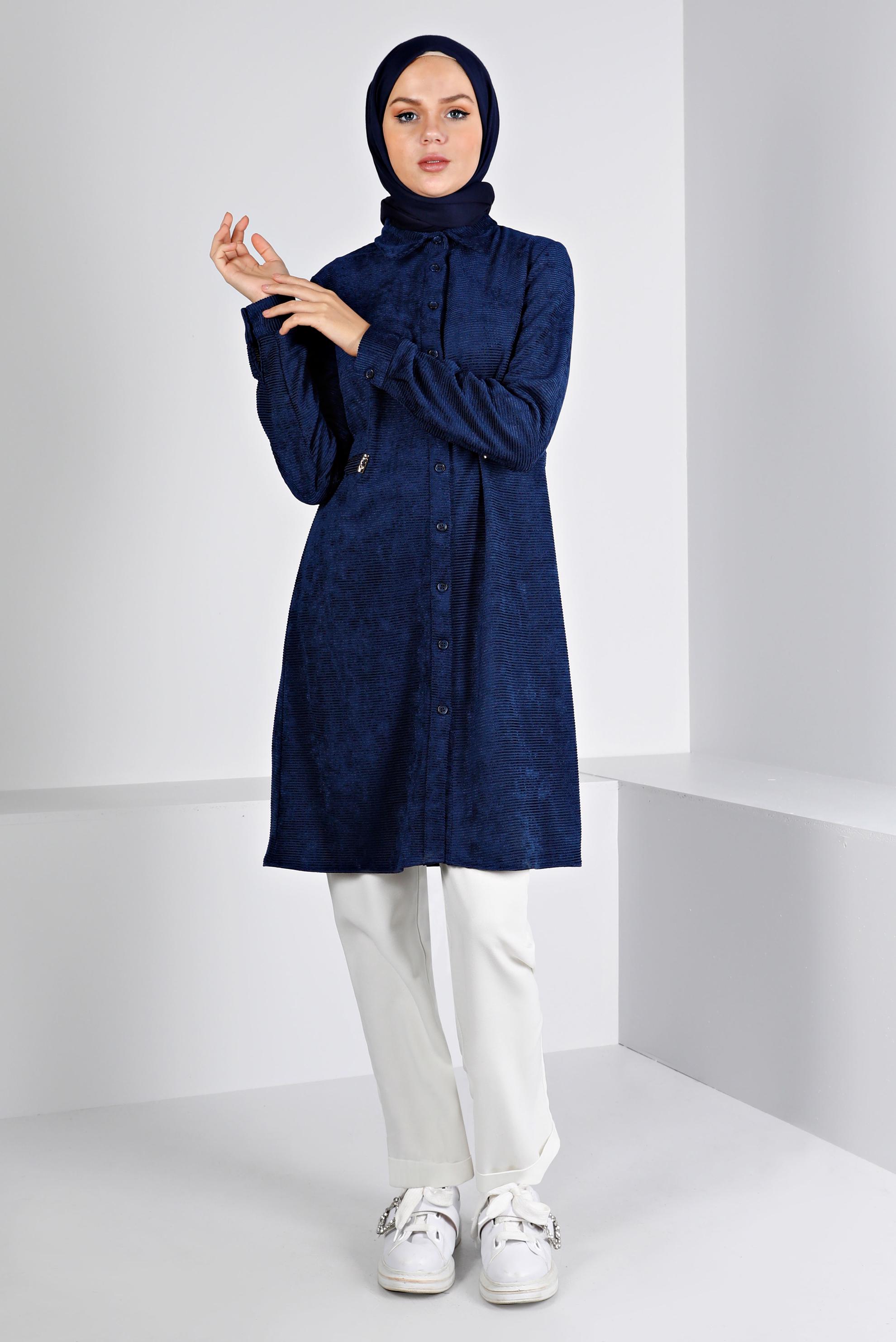 Tesettür giyim LACİVERT KADİFE GÖMLEK TUNİK 43441