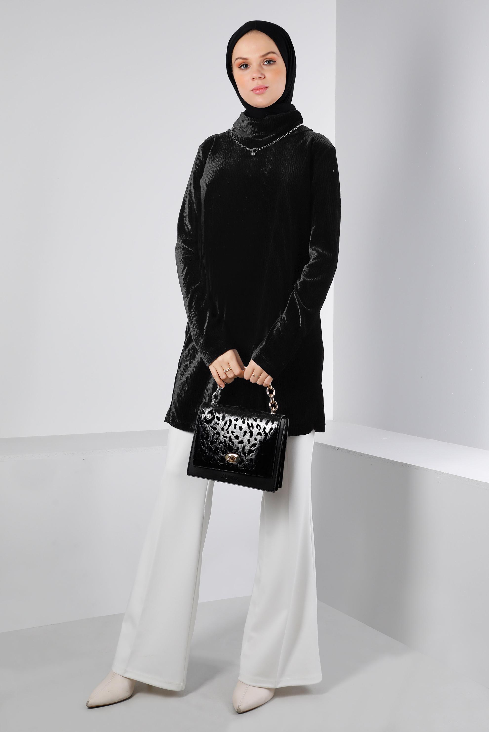 Tesettür giyim SİYAH BURUŞUK GÖRÜNÜMLÜ KADİFE TUNİK 43442 