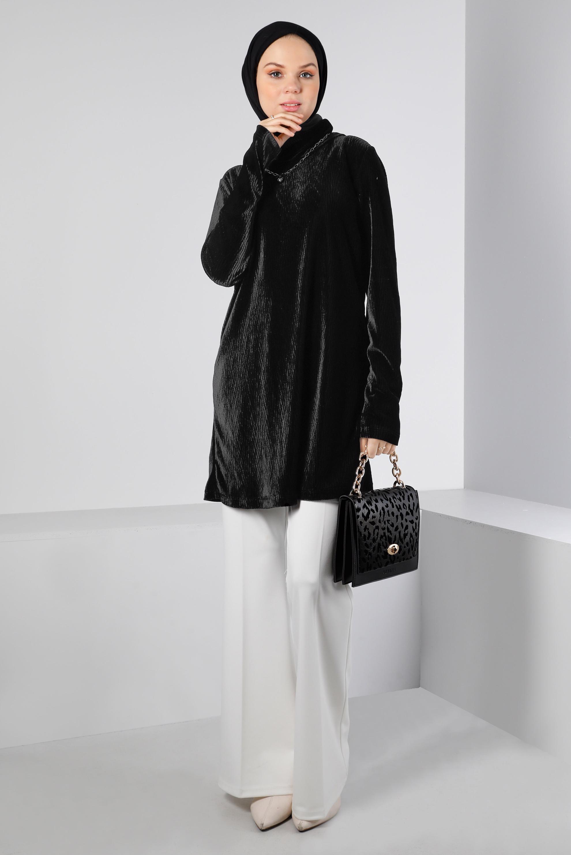 Tesettür giyim SİYAH BURUŞUK GÖRÜNÜMLÜ KADİFE TUNİK 43442 