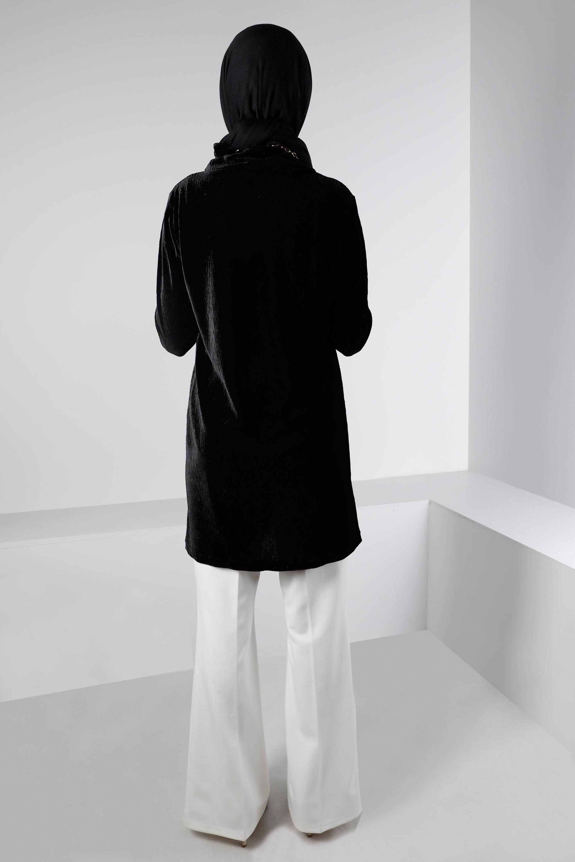 Tesettür giyim SİYAH BURUŞUK GÖRÜNÜMLÜ KADİFE TUNİK 43442 