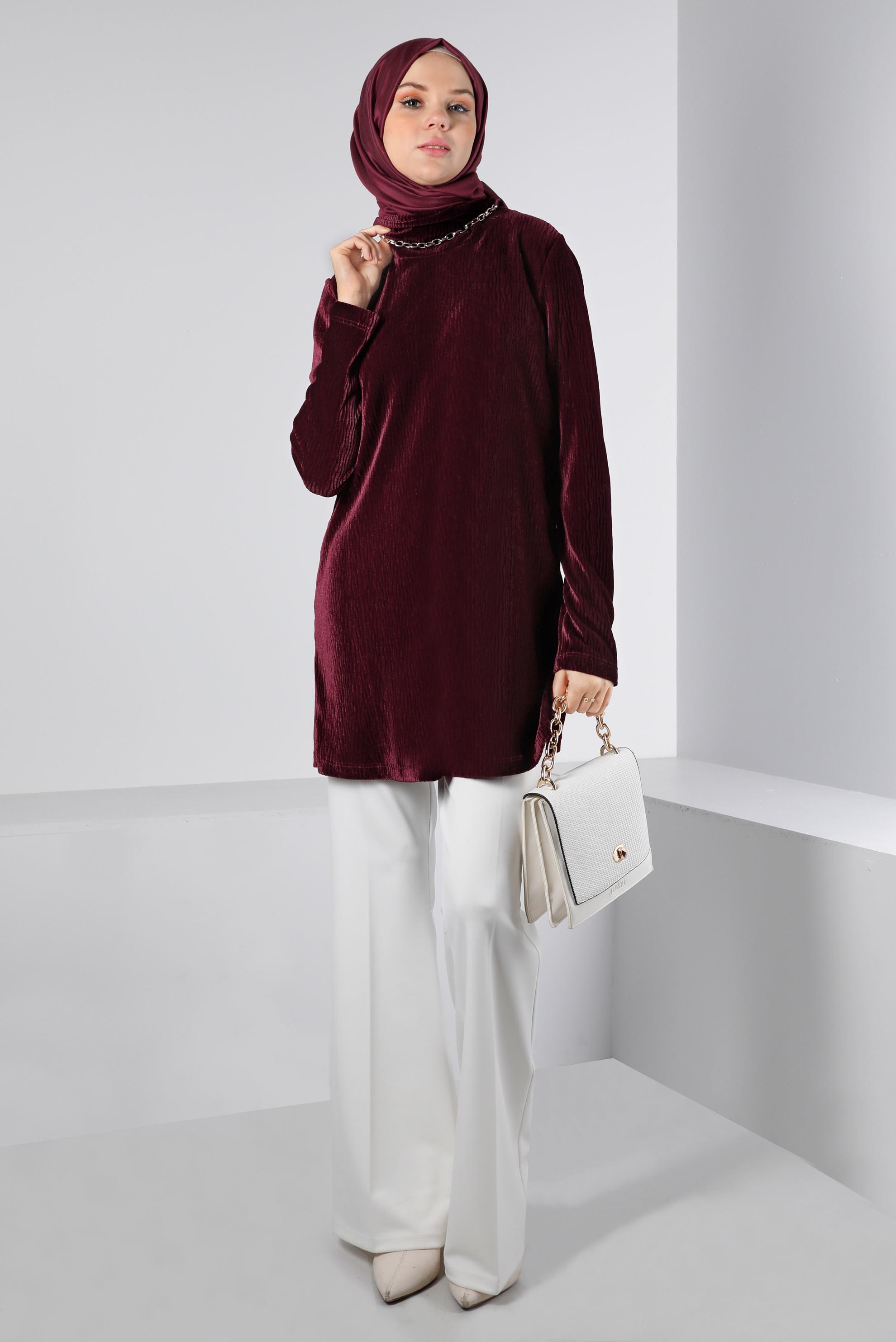 Tesettür giyim BORDO BURUŞUK GÖRÜNÜMLÜ KADİFE TUNİK 43442 